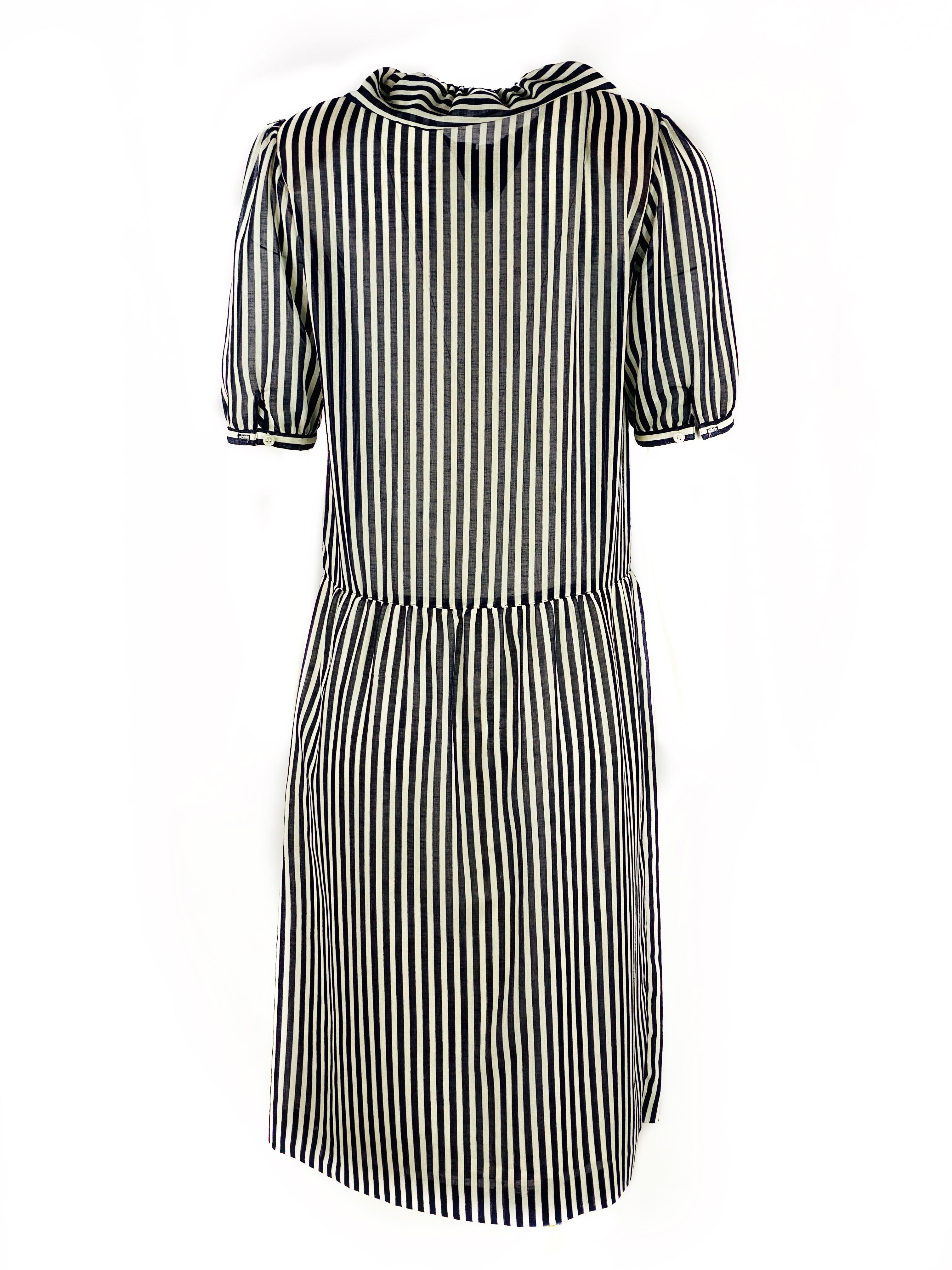 HANAE MORI Navy and White Striped Short Sleeve Midi Dress w/ Bow Size US 8  1