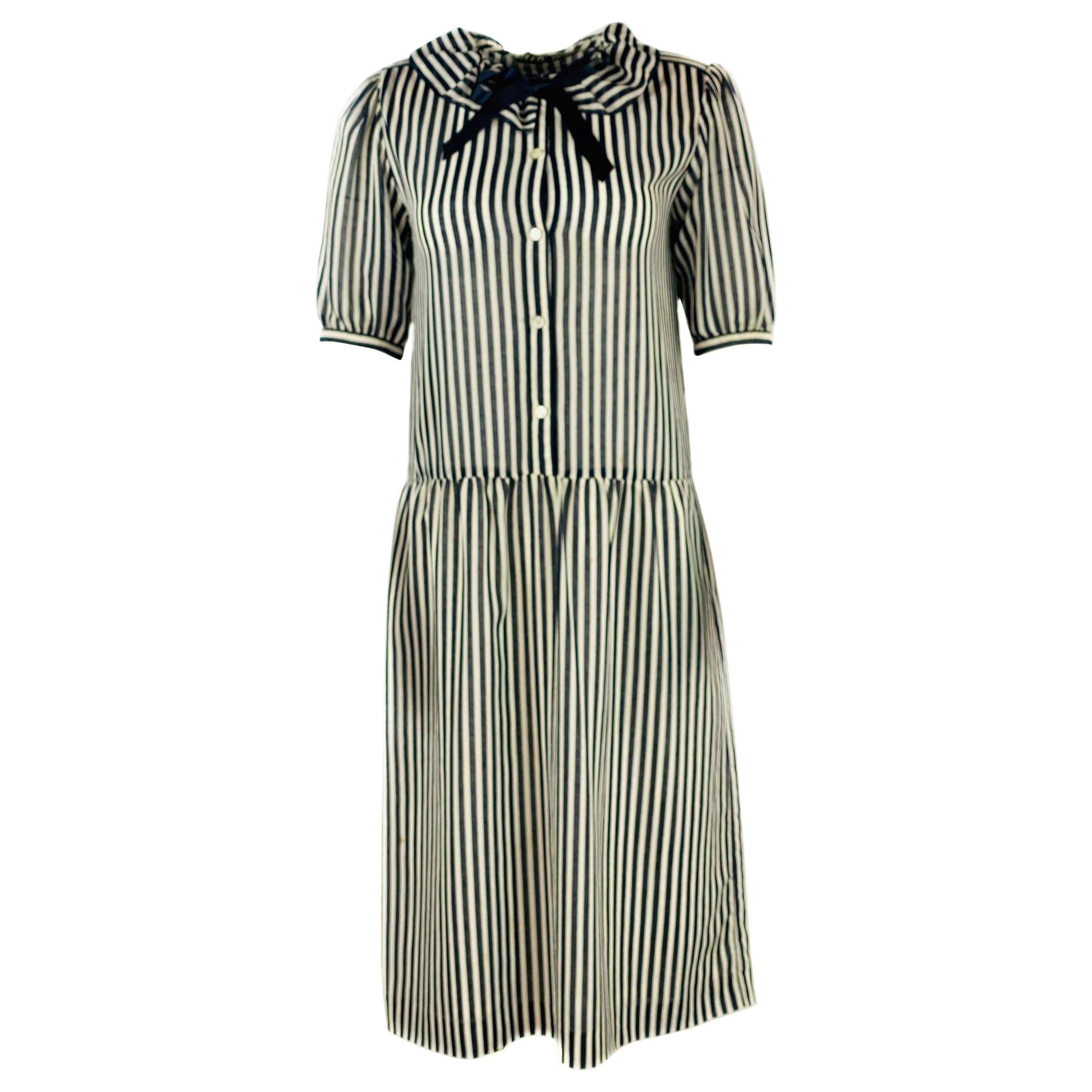 HANAE MORI Navy and White Striped Short Sleeve Midi Dress w/ Bow Size US 8 
