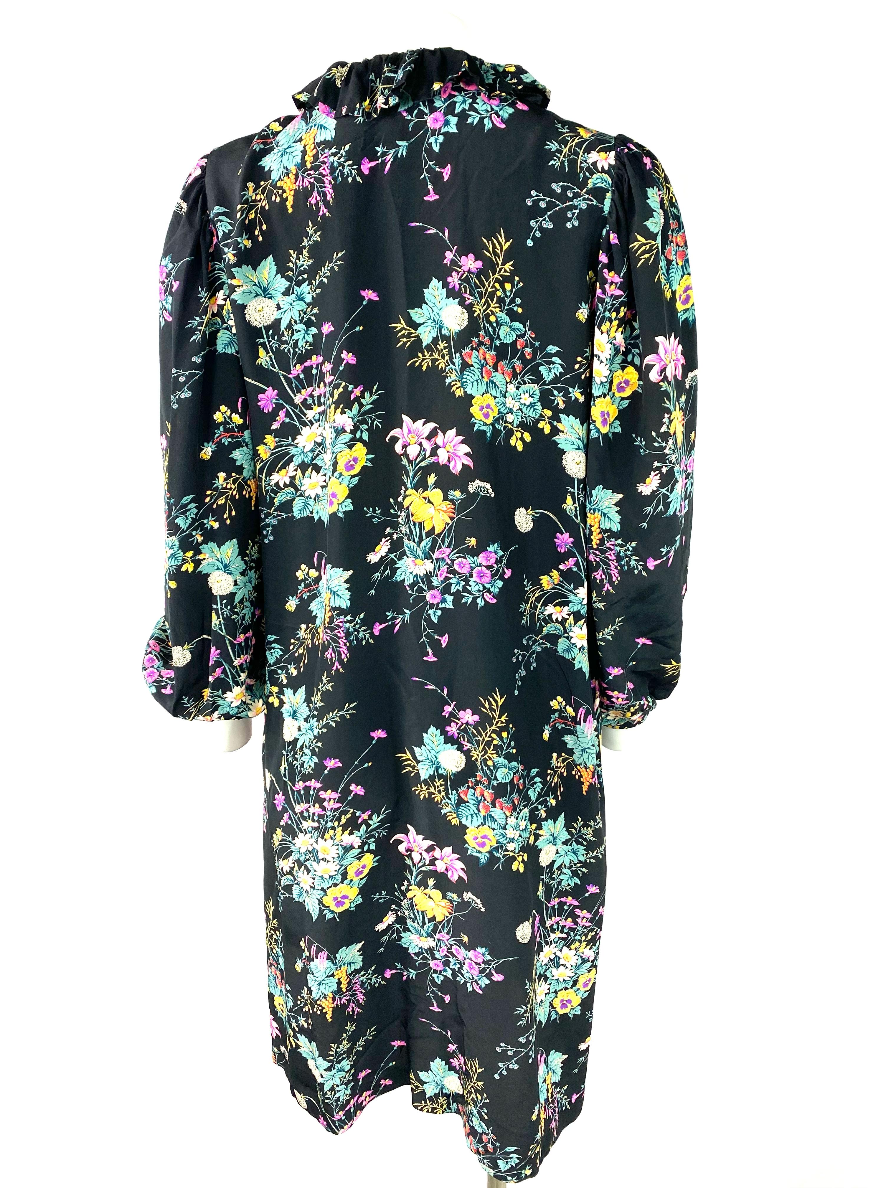 Hanae Mori Paris Black and Multi Colored Silk Mini Dress, Size Small For Sale 1
