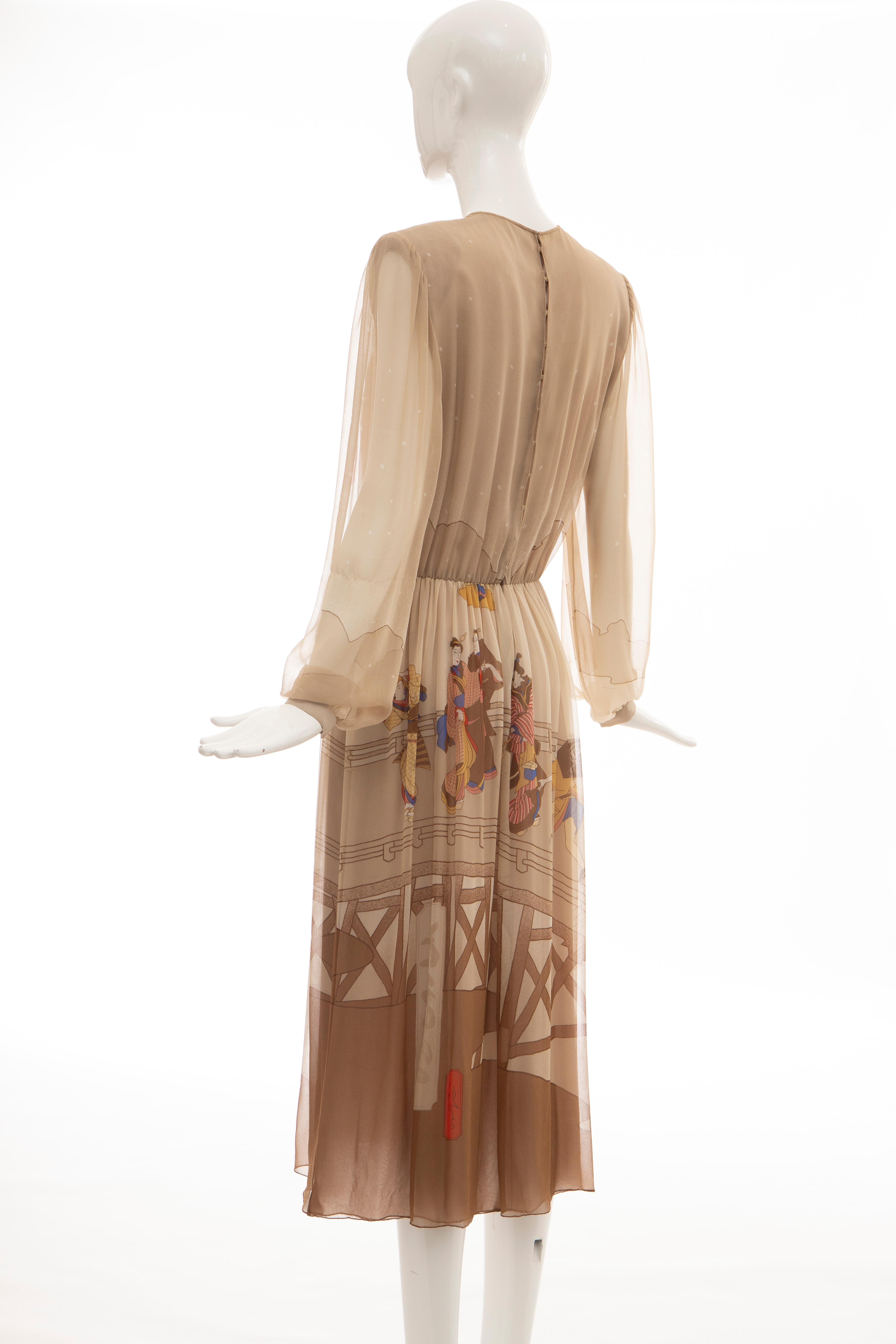 Hanae Mori Printed Geisha Silk Chiffon Dress, Circa: 1970's 5