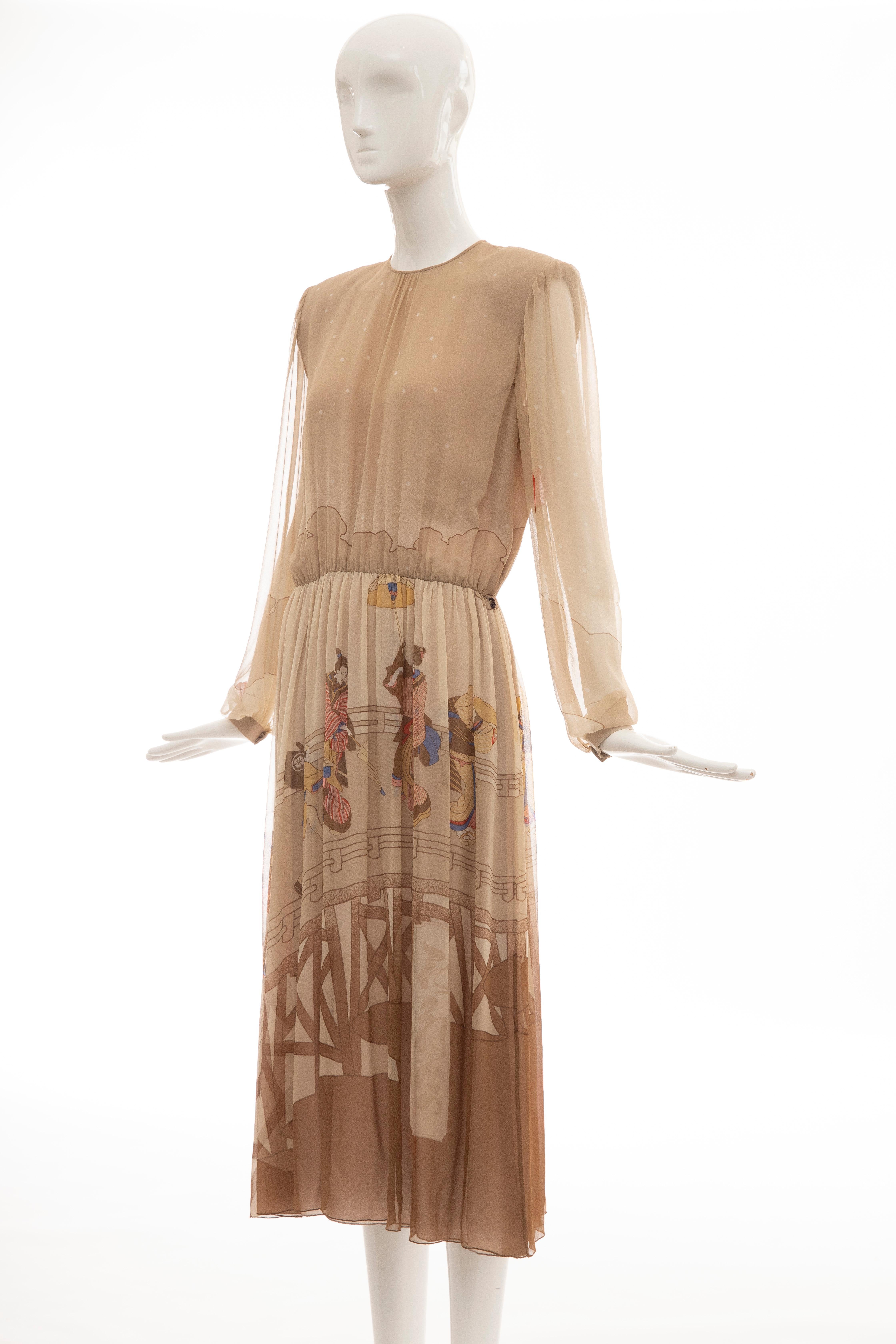 Hanae Mori Printed Geisha Silk Chiffon Dress, Circa: 1970's 7