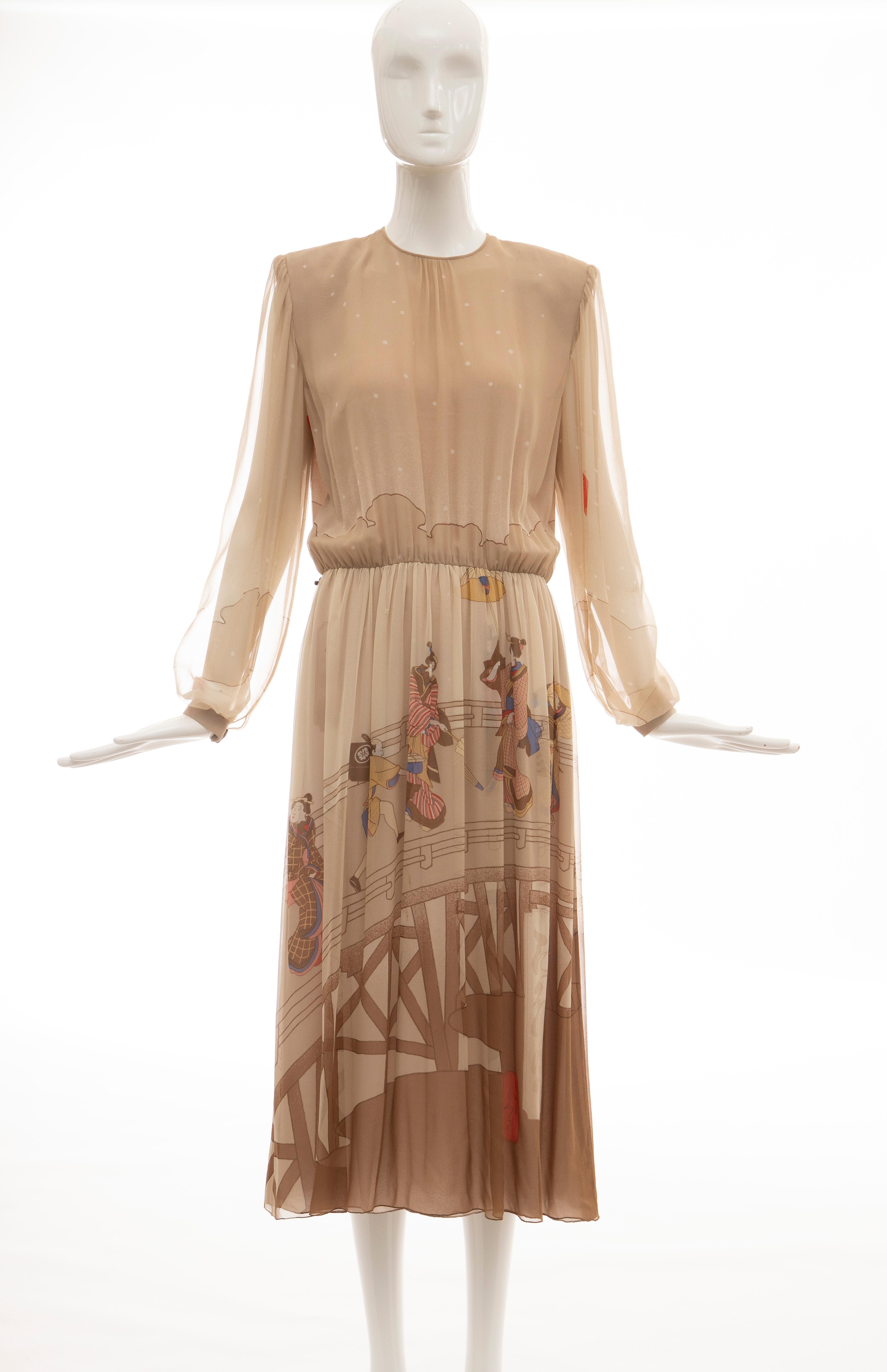 Hanae Mori, Circa: 1970's, printed Geisha silk chiffon dress fully lined in rayon, bishop sleeve with fitted snap cuff and back snap closure.

Japan: 12

Bust: 40, Waist: 30, Hip: 44, Length: 49, Shoulder: 16, Sleeve: 25