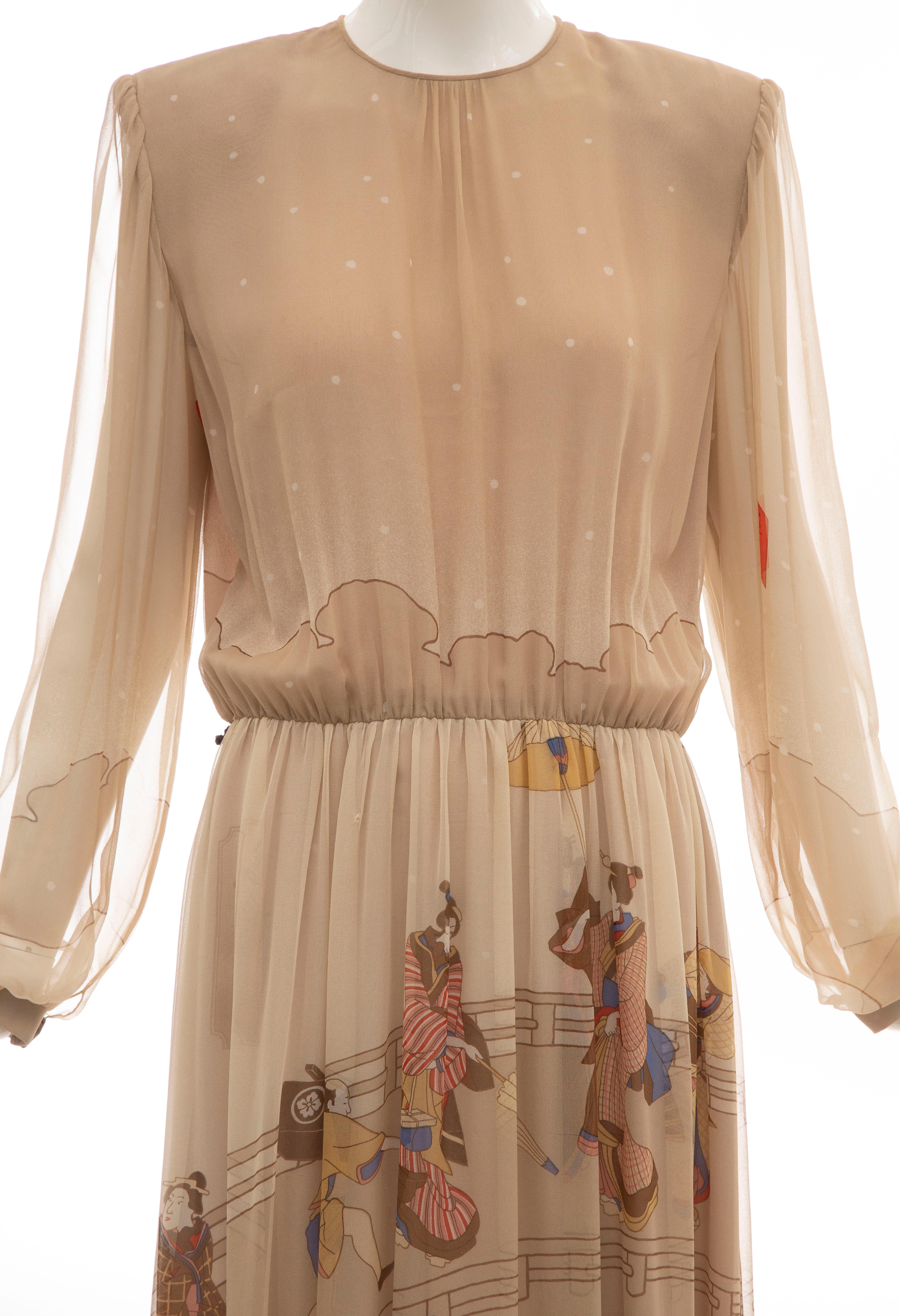 Brown Hanae Mori Printed Geisha Silk Chiffon Dress, Circa: 1970's