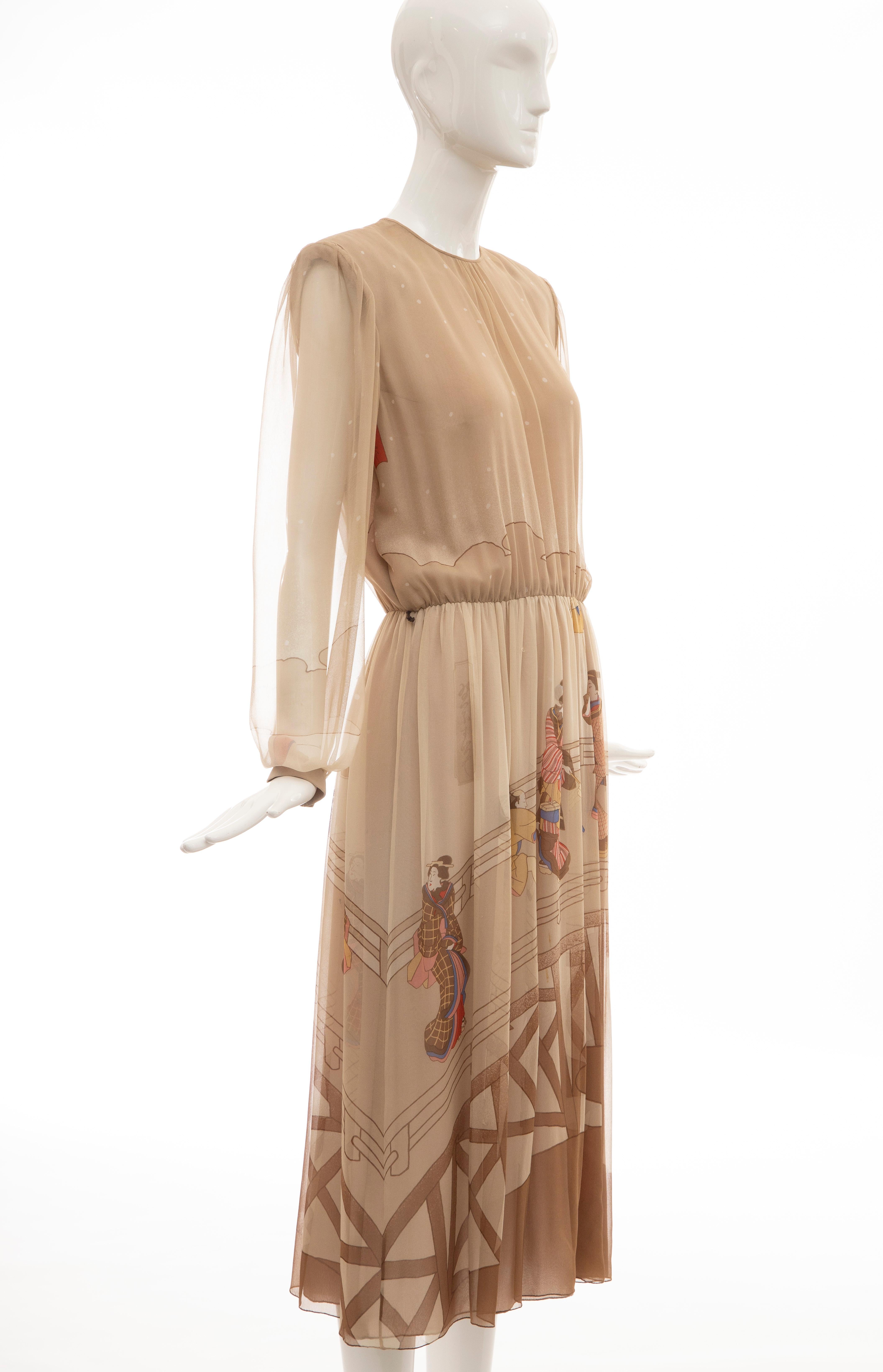 Hanae Mori Printed Geisha Silk Chiffon Dress, Circa: 1970's In Good Condition In Cincinnati, OH