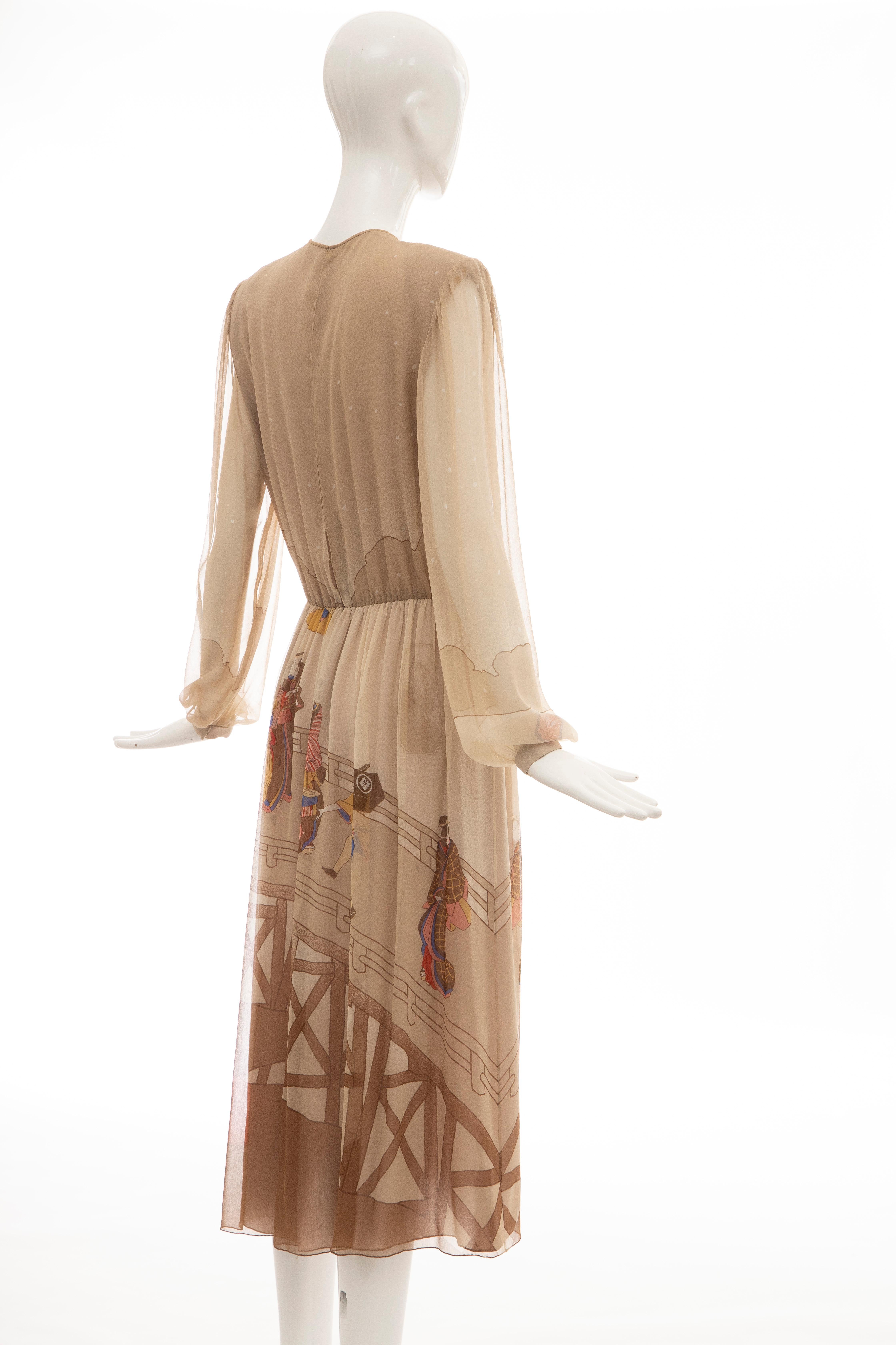 Hanae Mori Printed Geisha Silk Chiffon Dress, Circa: 1970's 1