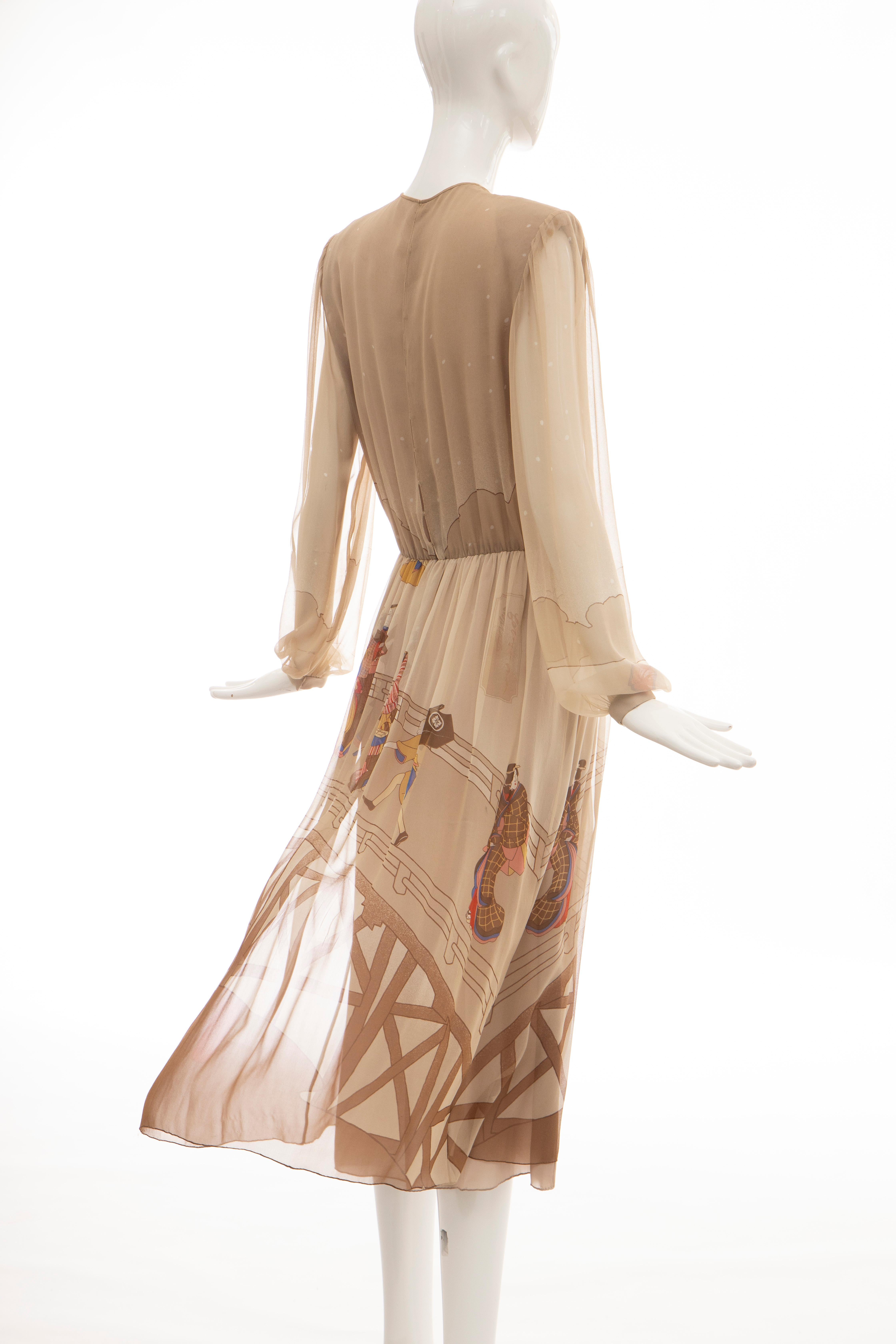 Hanae Mori Printed Geisha Silk Chiffon Dress, Circa: 1970's 2