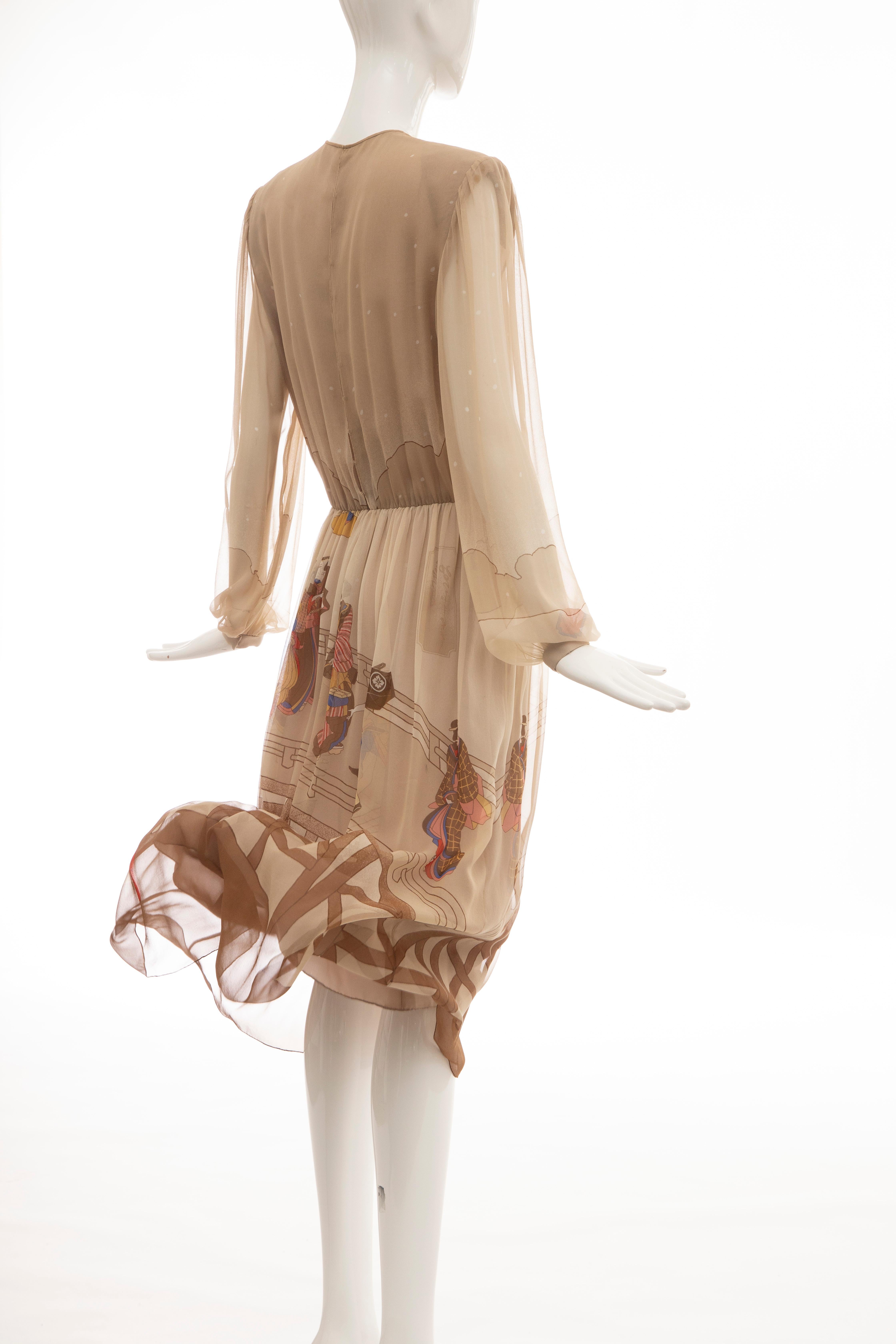 Hanae Mori Printed Geisha Silk Chiffon Dress, Circa: 1970's 3