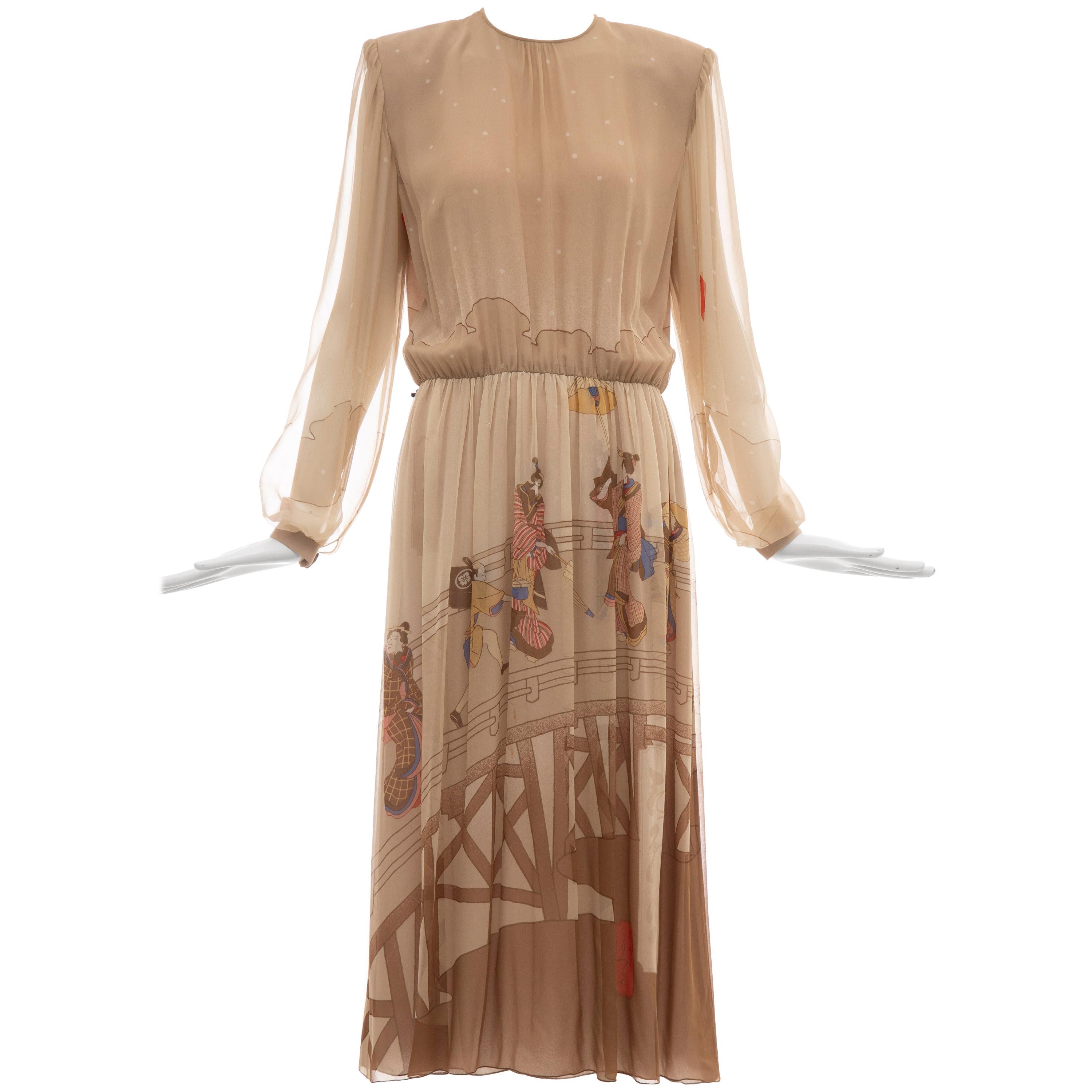 Hanae Mori Printed Geisha Silk Chiffon Dress, Circa: 1970's