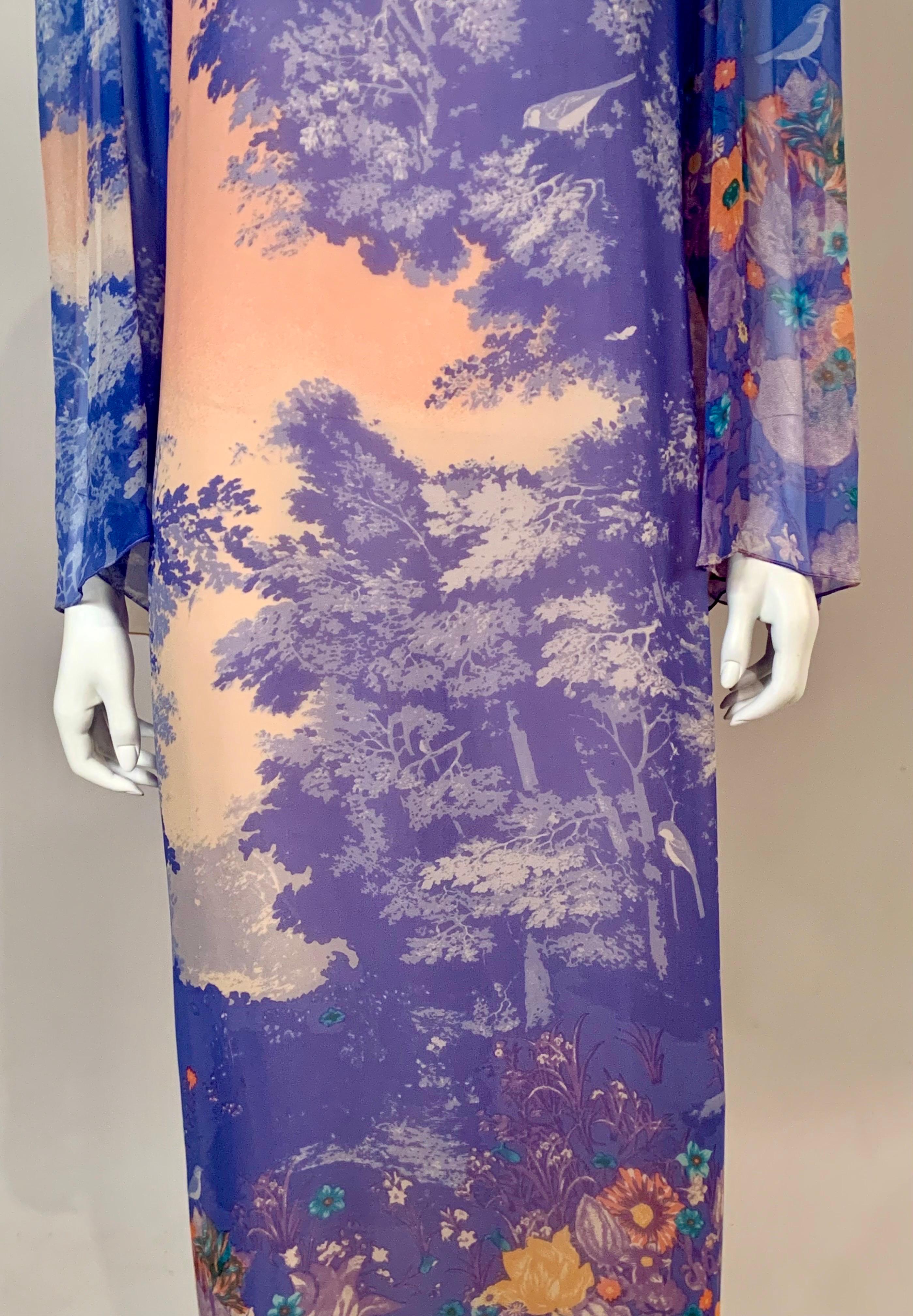 Hanae Mori Printed Silk Chiffon Caftan Dress Larger Size In Excellent Condition In New Hope, PA
