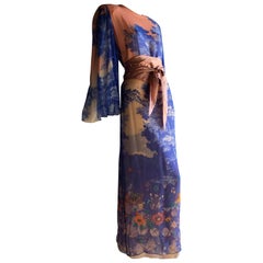 Hanae Mori Printed Silk Chiffon Maxi Dress With Japanese Meadow Print, 1970s