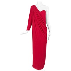 hanae mori gown Hanae Mori Red Silk One Shoulder Draped Chiffon Gown