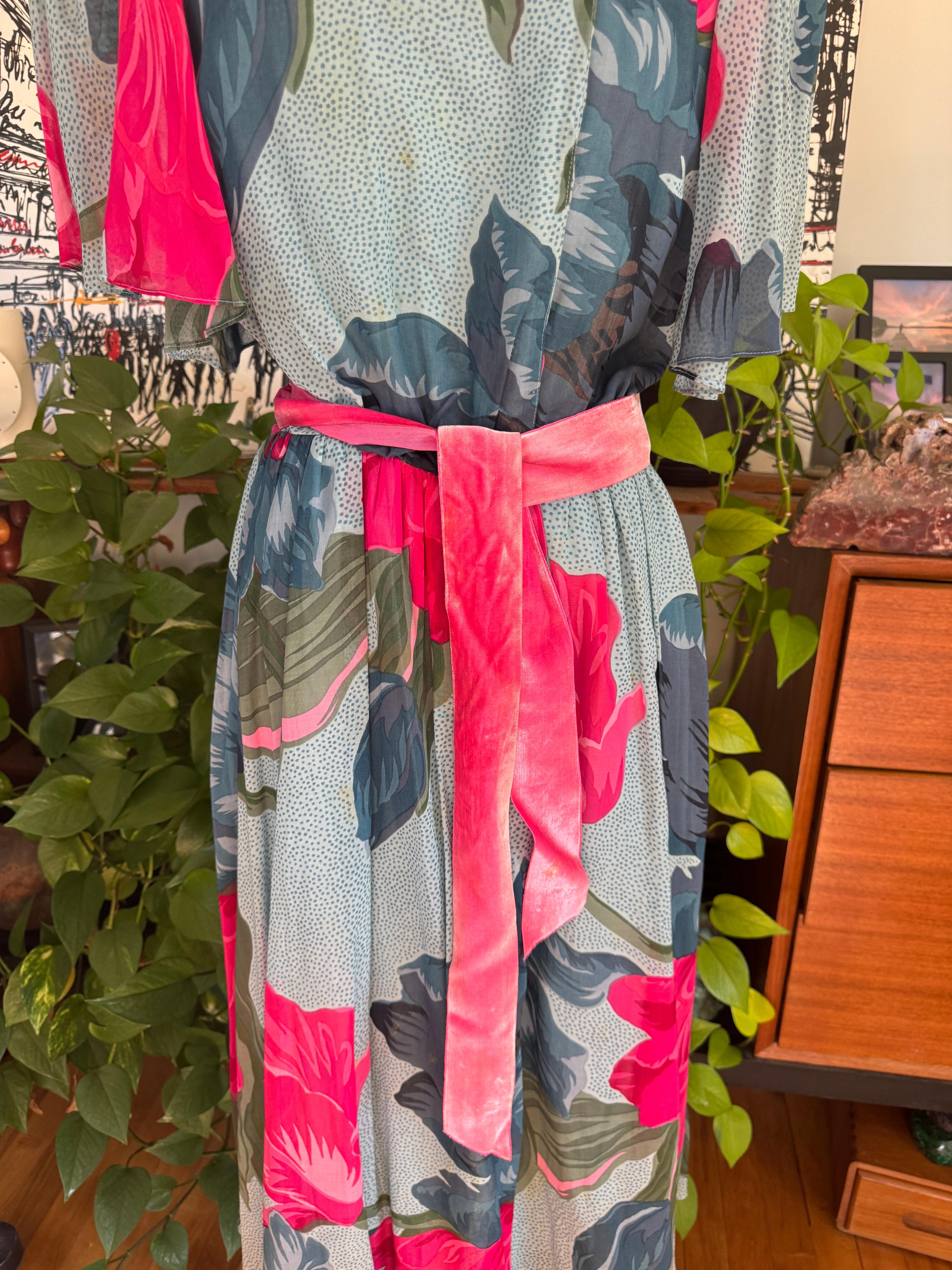 Hanae Mori ROSSO e blu con stampa floreale  Abito anni '80 Vintage in vendita 5