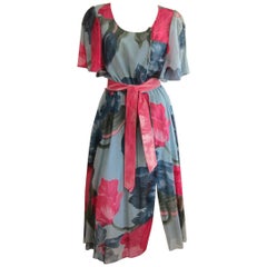 Hanae Mori ROSSO e blu con stampa floreale  Abito anni '80 Vintage