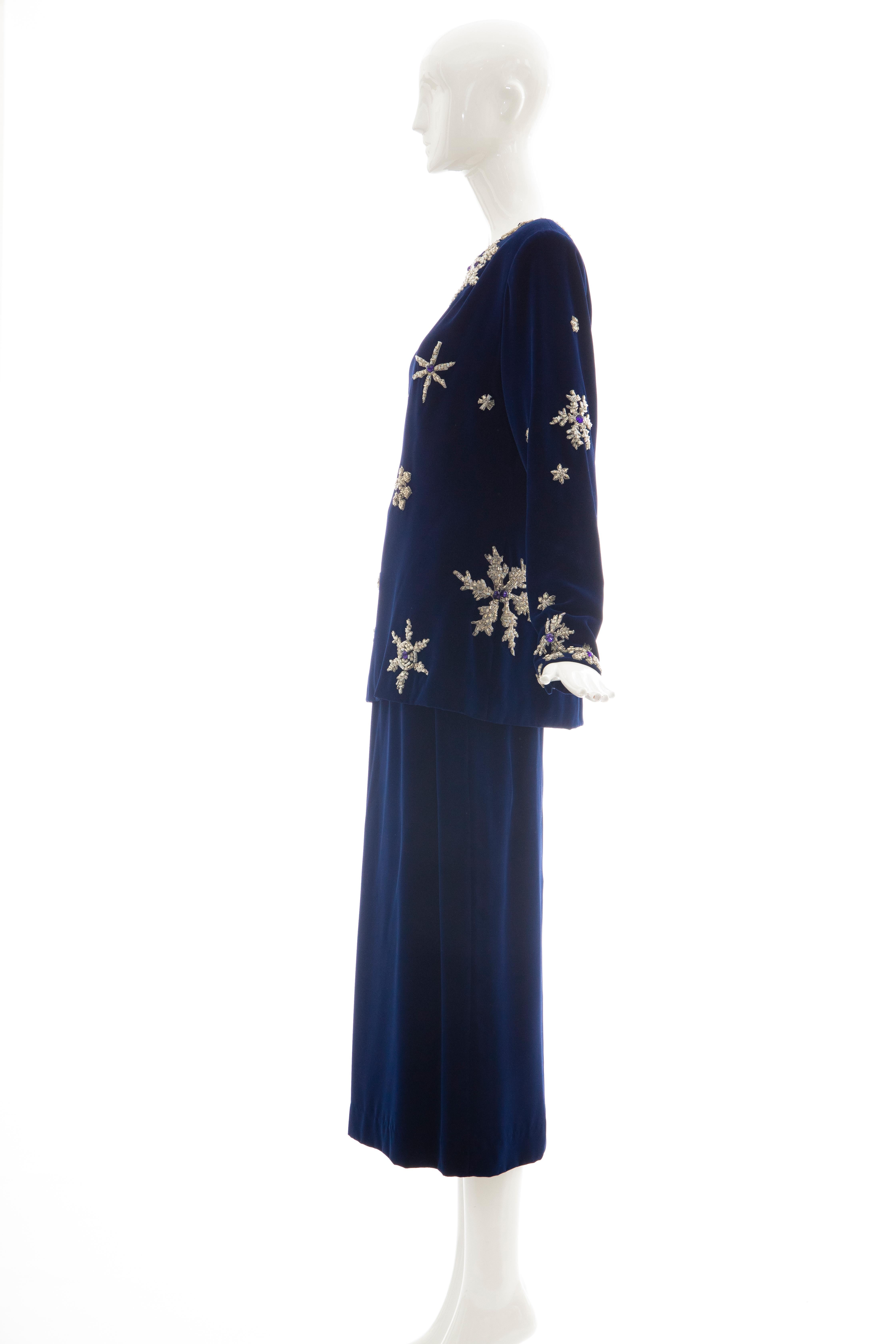 Hanae Mori Silk Blue Velvet Silver Embroidery Evening Skirt Suit, Circa: 1980's  For Sale 5