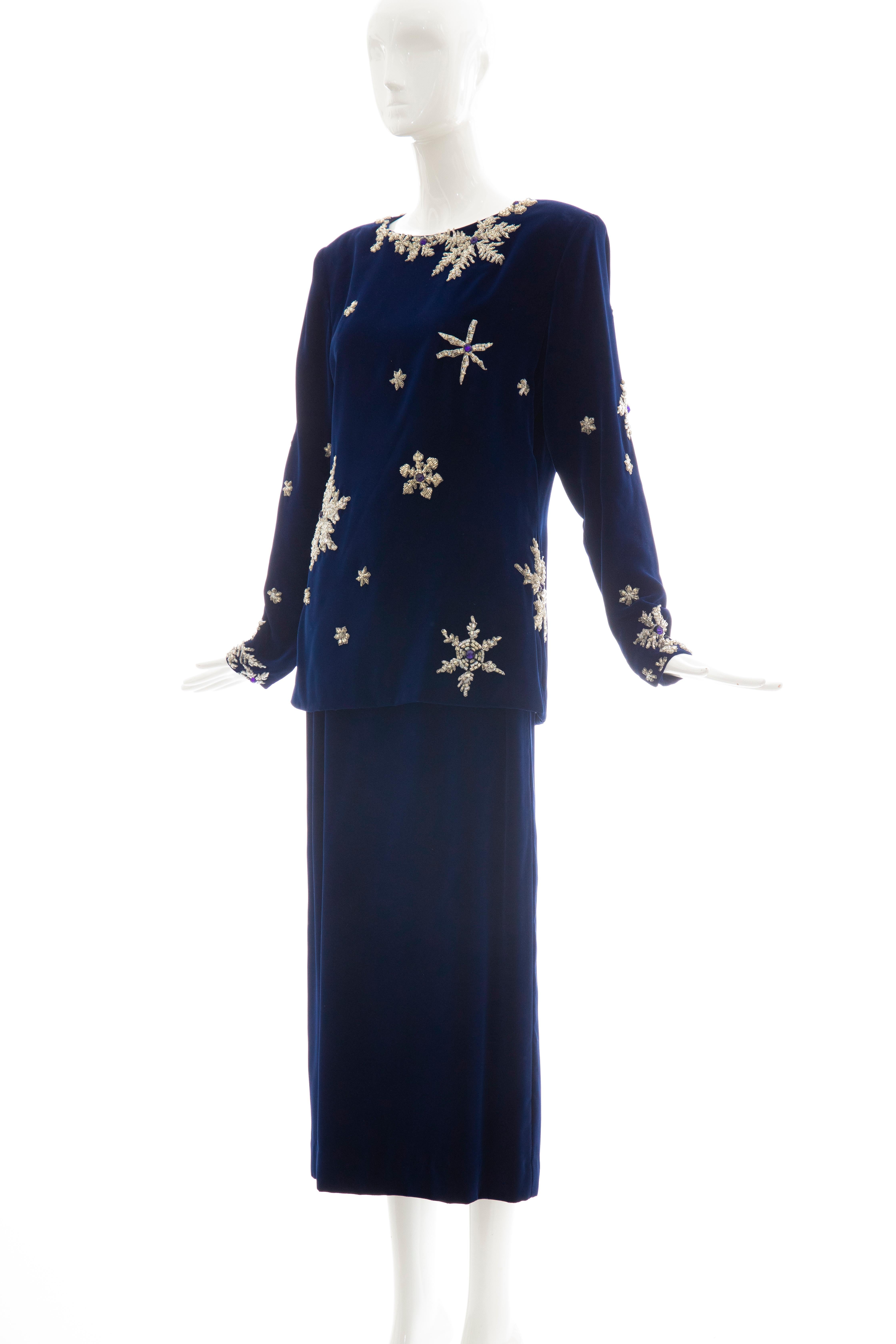 Hanae Mori Silk Blue Velvet Silver Embroidery Evening Skirt Suit, Circa: 1980's  For Sale 6