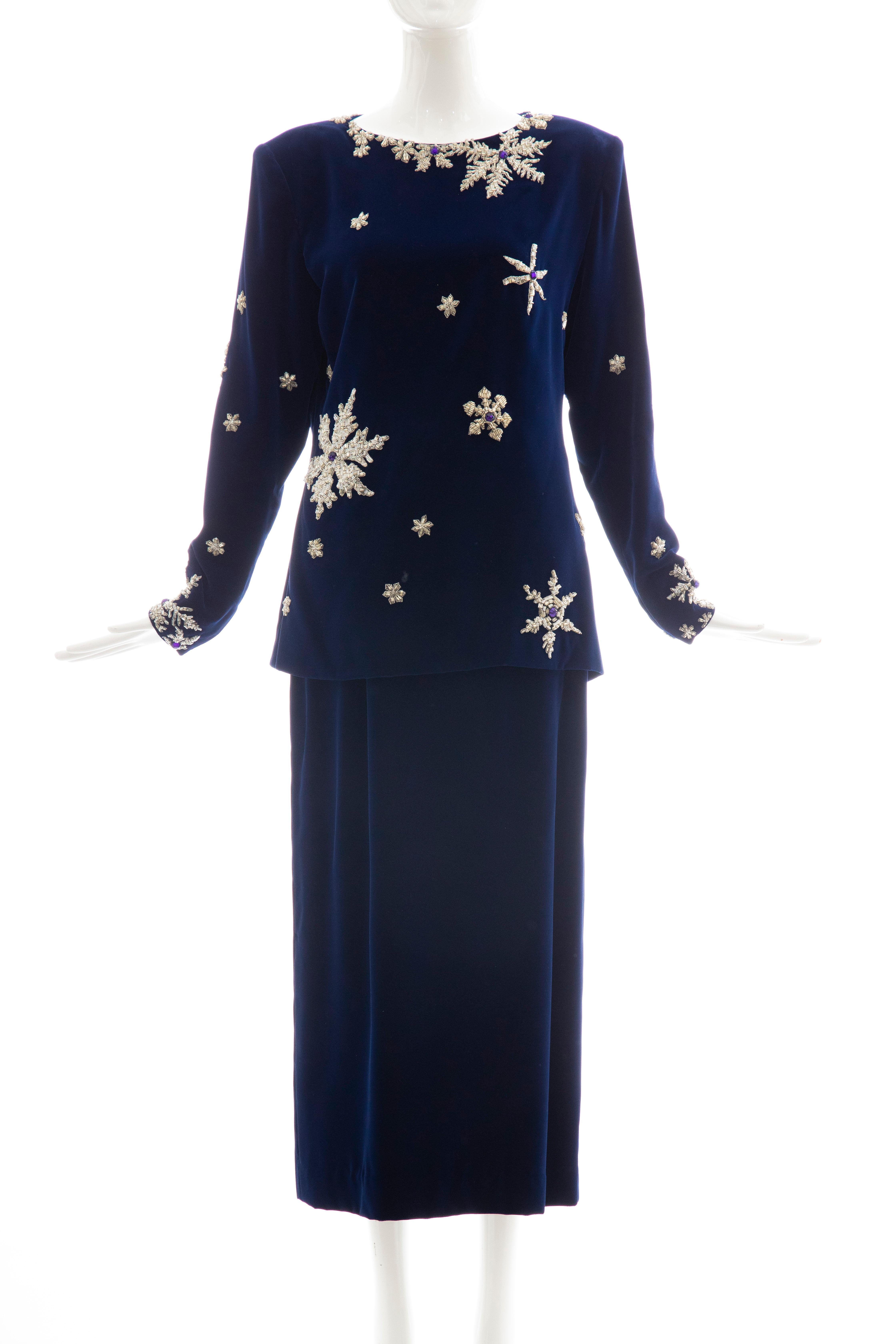 Hanae Mori Silk Blue Velvet Silver Embroidery Evening Skirt Suit, Circa: 1980's  For Sale 7