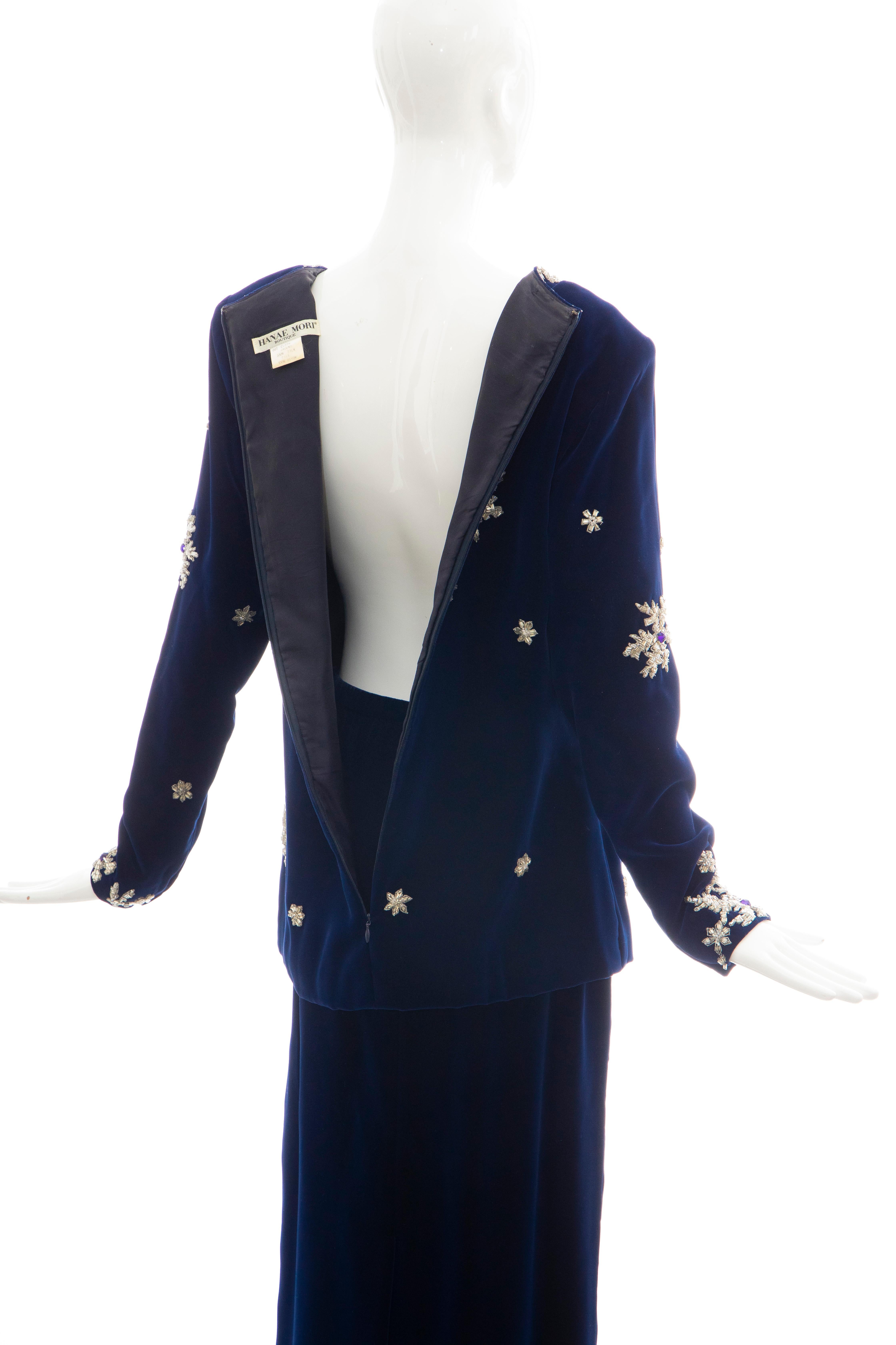Hanae Mori Silk Blue Velvet Silver Embroidery Evening Skirt Suit, Circa: 1980's  For Sale 8