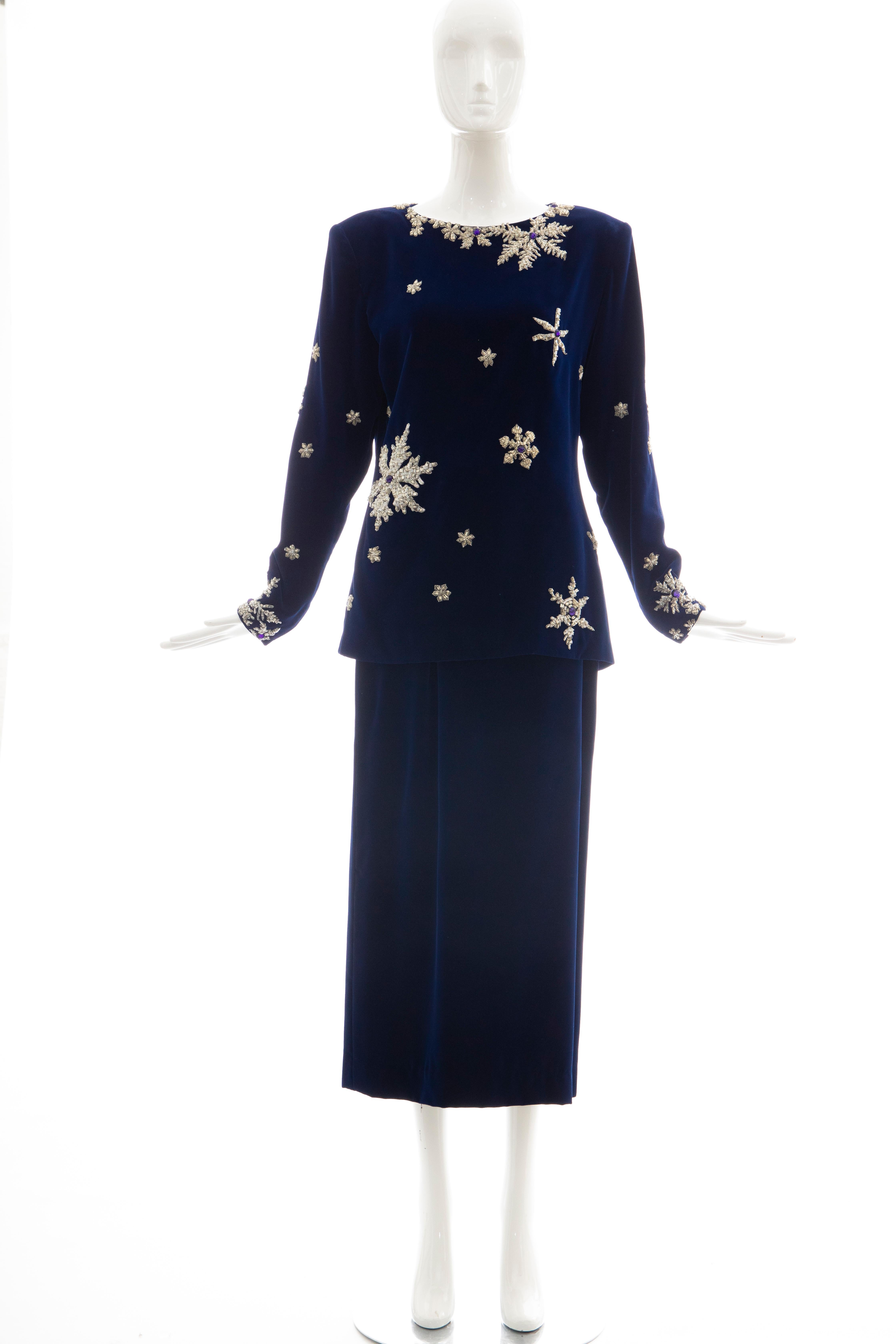 Black Hanae Mori Silk Blue Velvet Silver Embroidery Evening Skirt Suit, Circa: 1980's  For Sale