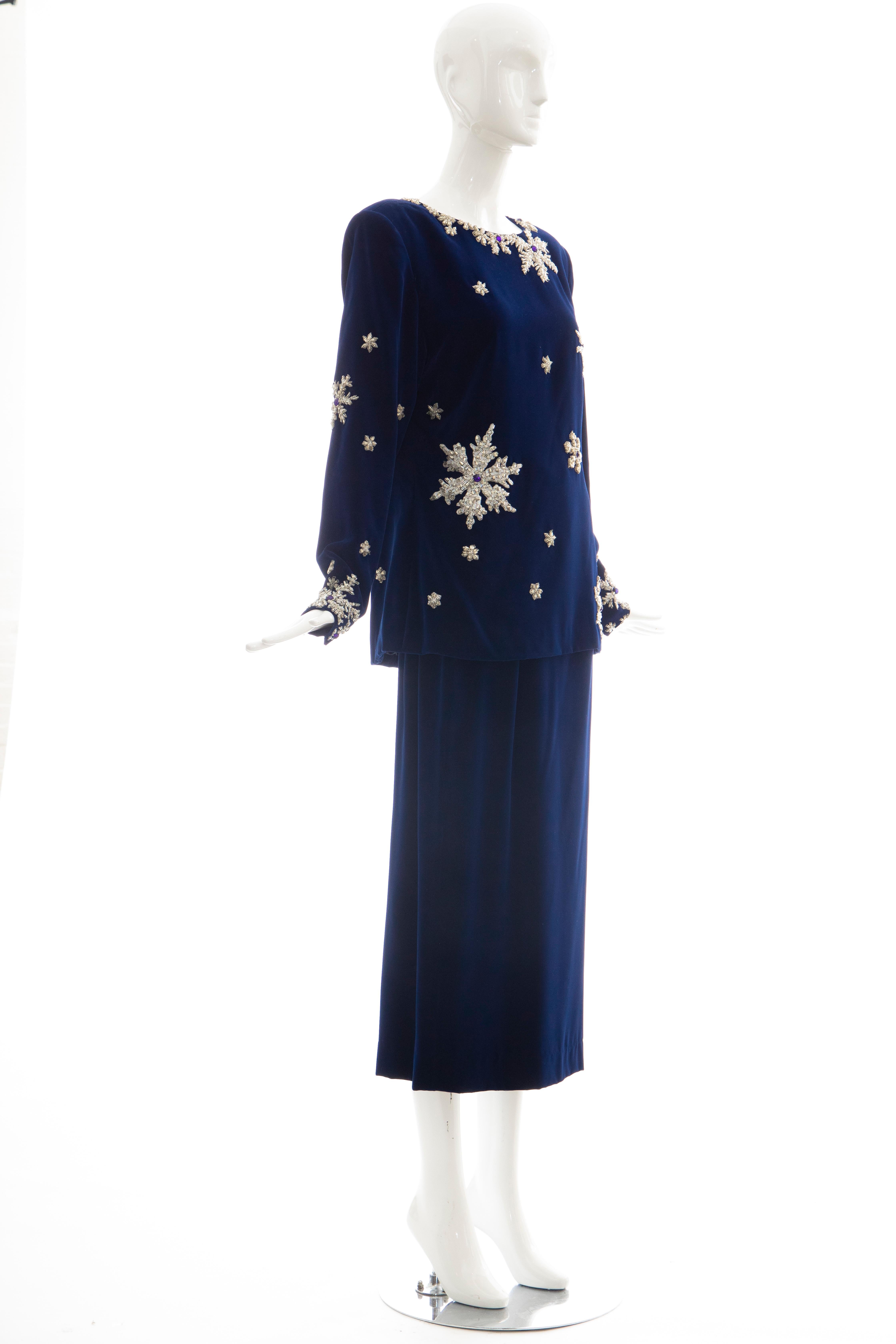 Hanae Mori Silk Blue Velvet Silver Embroidery Evening Skirt Suit, Circa: 1980's  In Excellent Condition For Sale In Cincinnati, OH