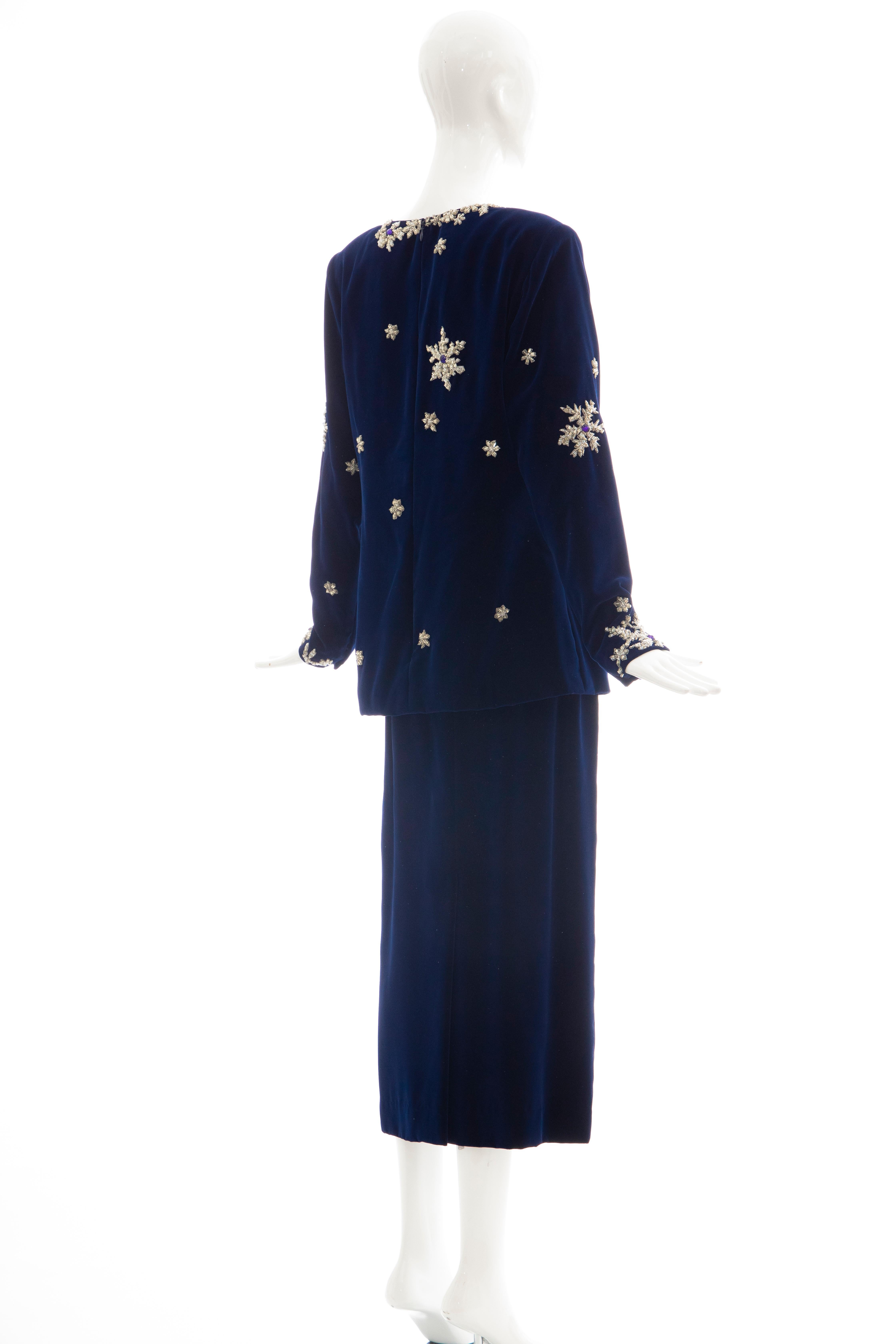 Hanae Mori Silk Blue Velvet Silver Embroidery Evening Skirt Suit, Circa: 1980's  For Sale 1
