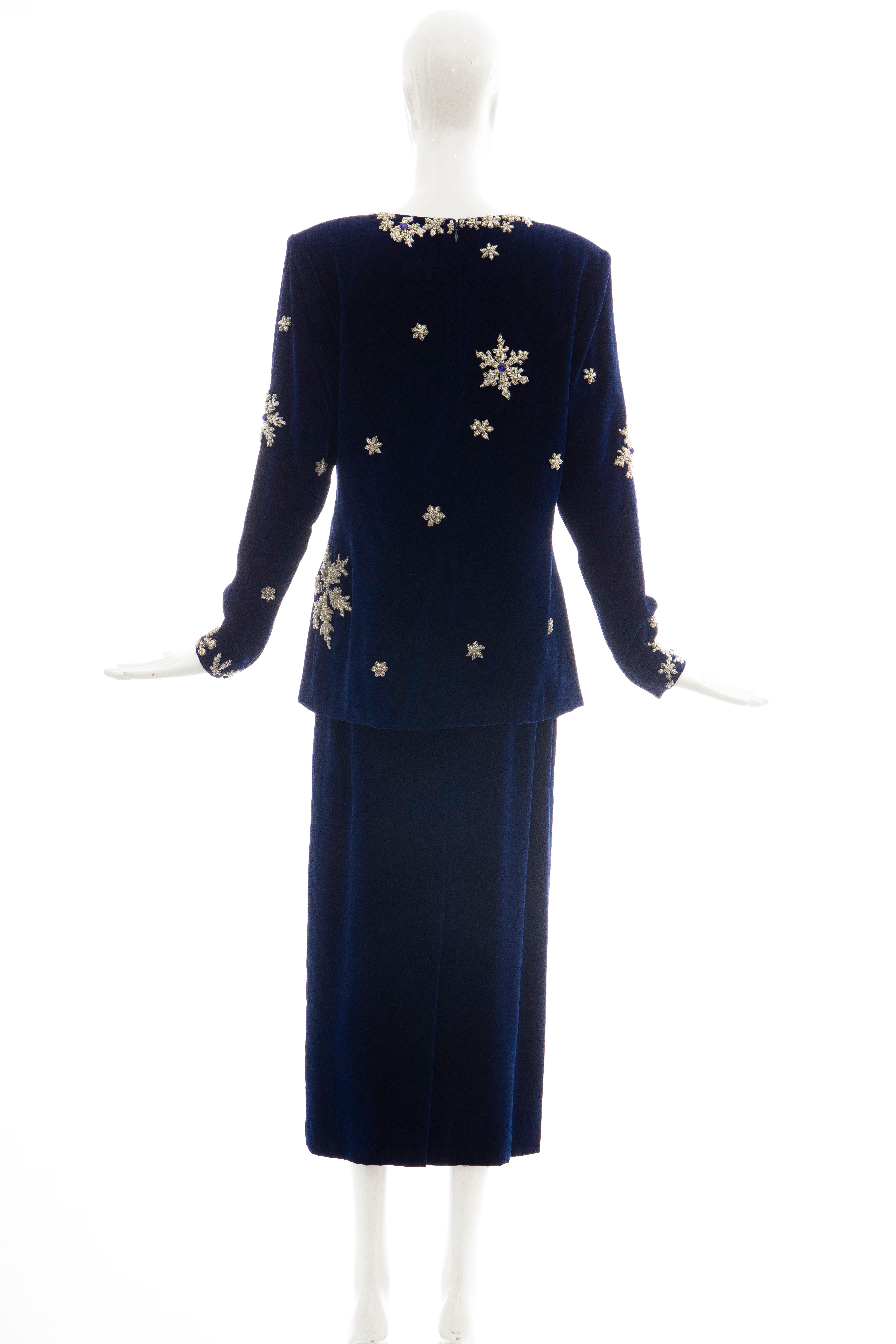 Hanae Mori Silk Blue Velvet Silver Embroidery Evening Skirt Suit, Circa: 1980's  For Sale 2