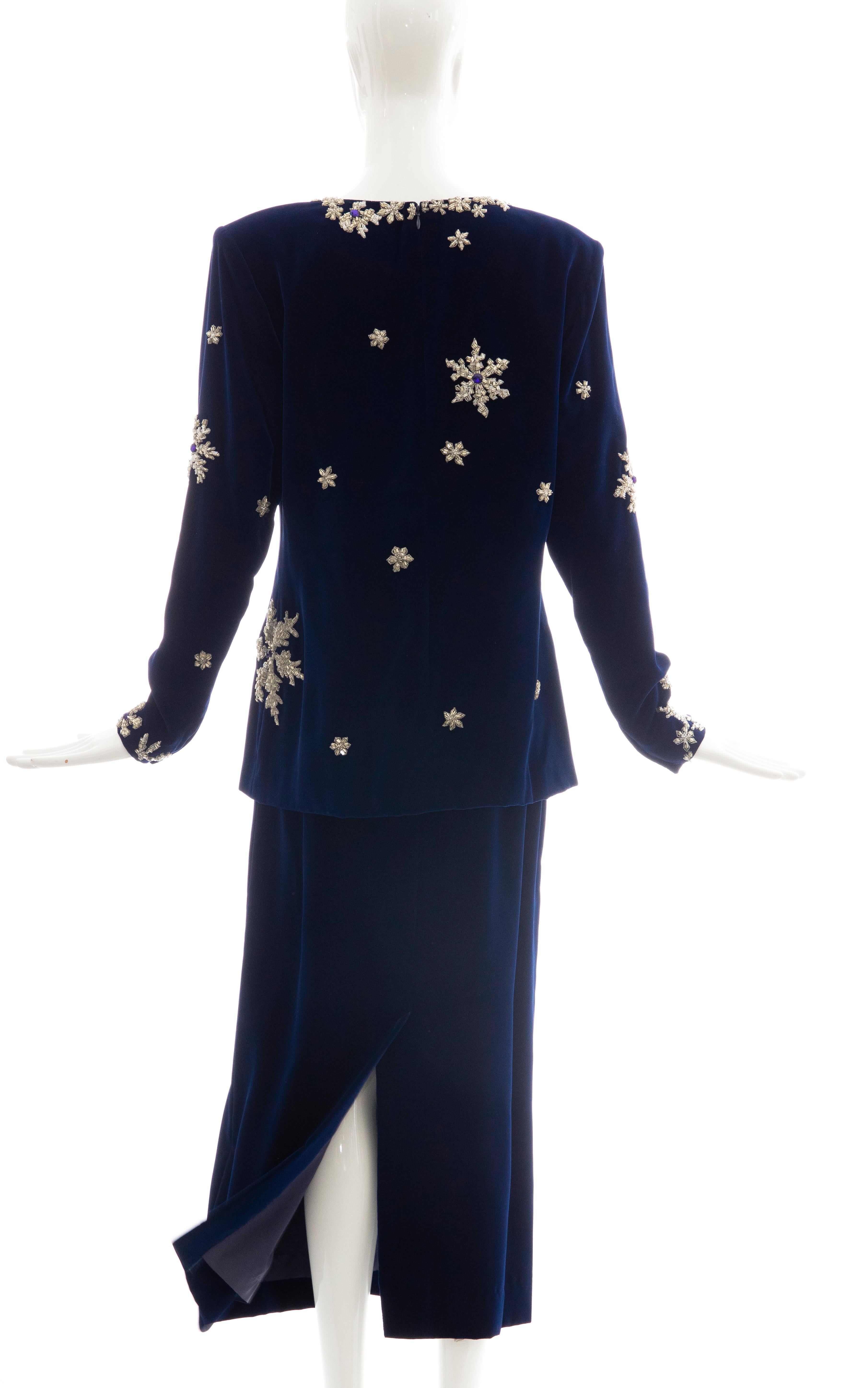 Hanae Mori Silk Blue Velvet Silver Embroidery Evening Skirt Suit, Circa: 1980's  For Sale 3