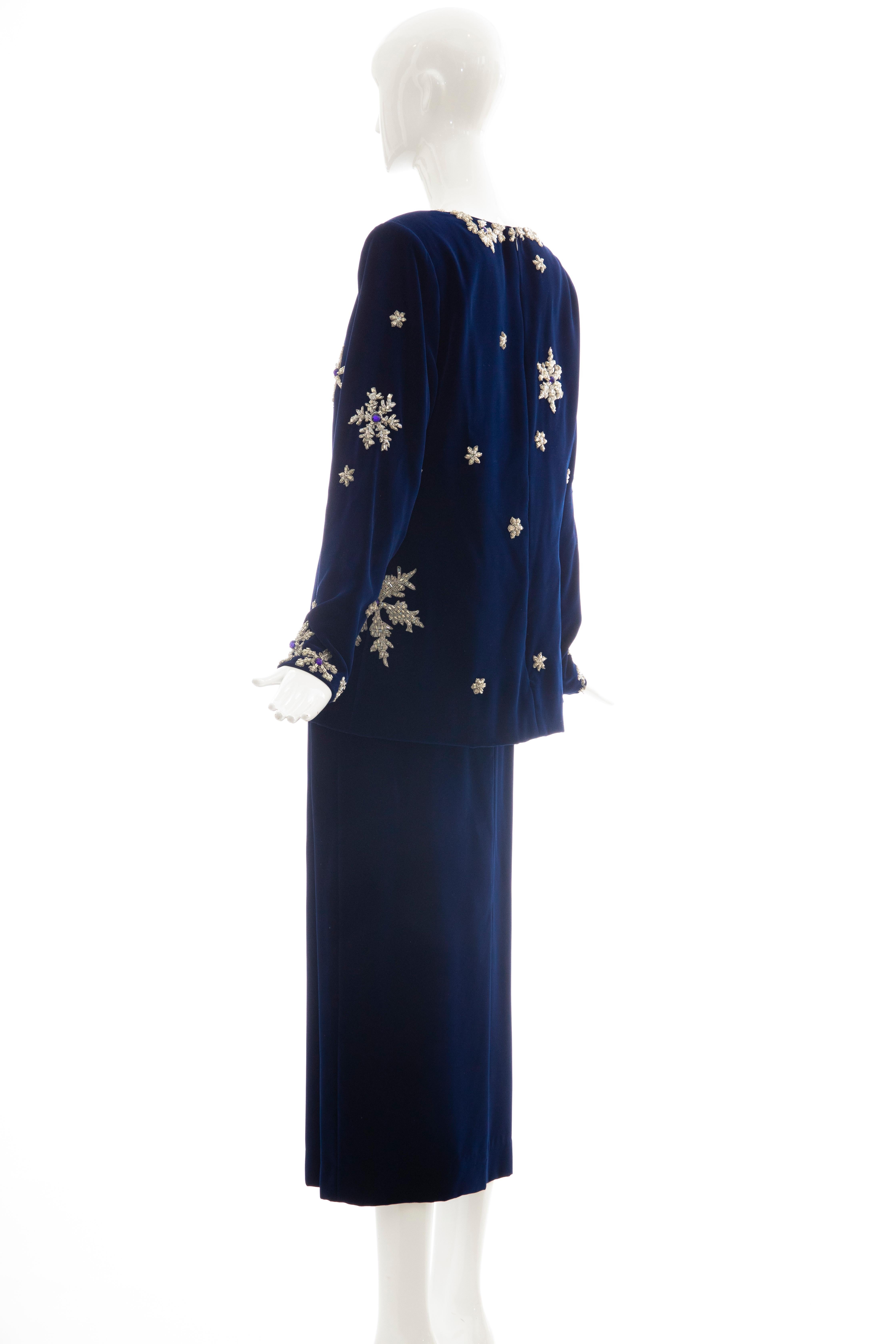Hanae Mori Silk Blue Velvet Silver Embroidery Evening Skirt Suit, Circa: 1980's  For Sale 4