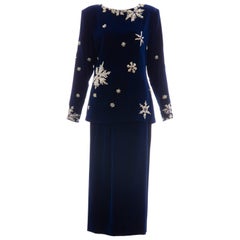 Retro Hanae Mori Silk Blue Velvet Silver Embroidery Evening Skirt Suit, Circa: 1980's 