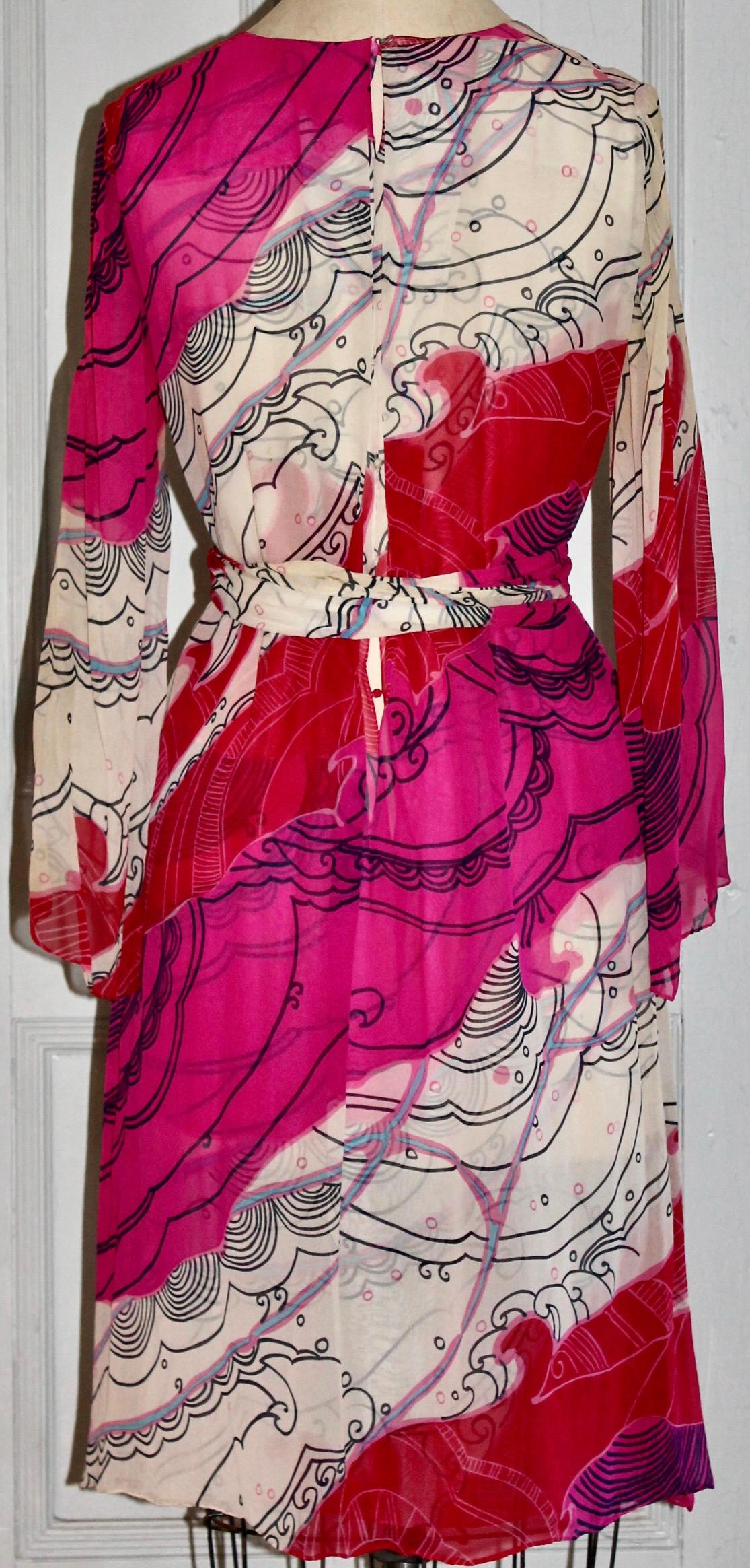 Red Hanae Mori, Tokyo 1970 Silk Chiffon Dress For Sale