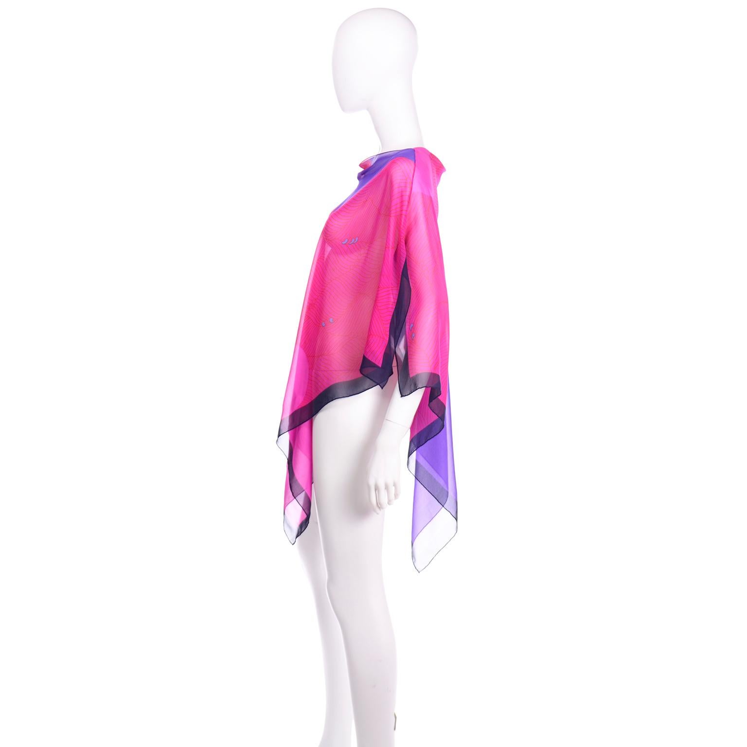 Hanae Mori Vintage Pink & Purple Silk Signed Print Poncho Style Top In Excellent Condition In Portland, OR