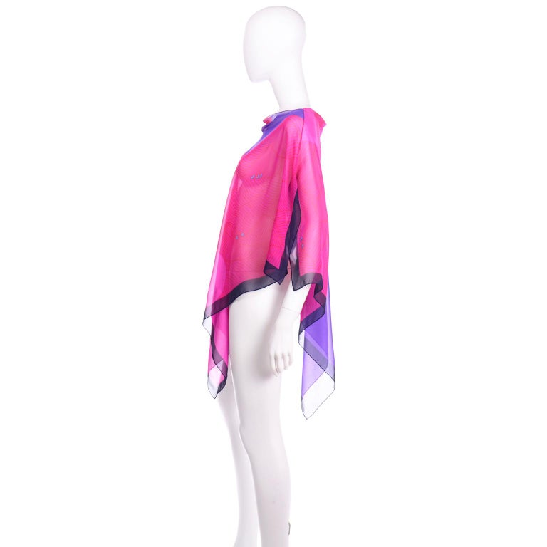 Women's Hanae Mori Vintage Pink & Purple Silk Signed Print Poncho Style Top For Sale