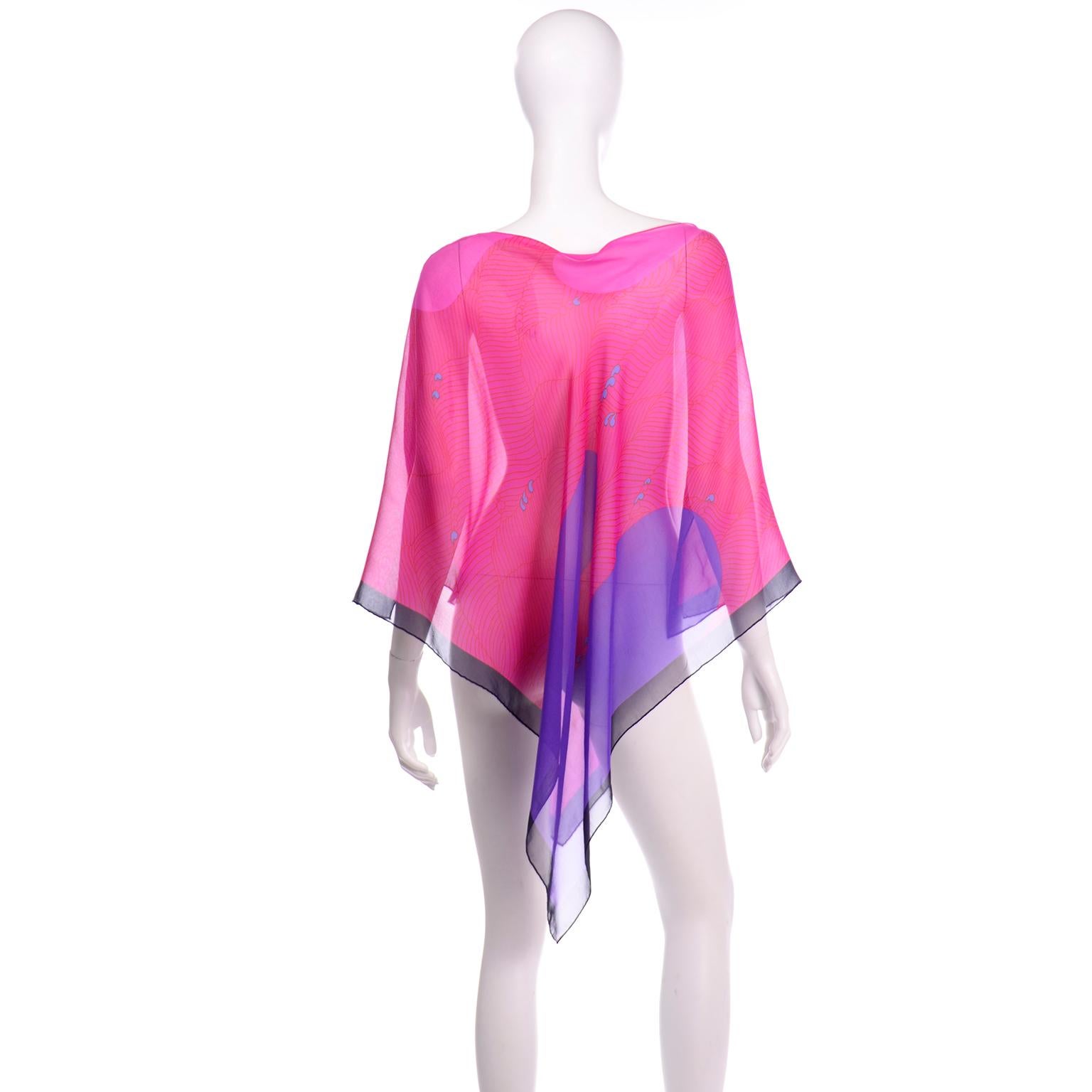 Women's Hanae Mori Vintage Pink & Purple Silk Signed Print Poncho Style Top