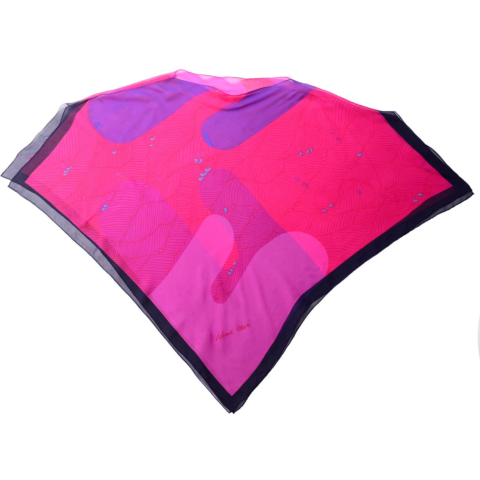 Hanae Mori Vintage Pink & Purple Silk Signed Print Poncho Style Top 2