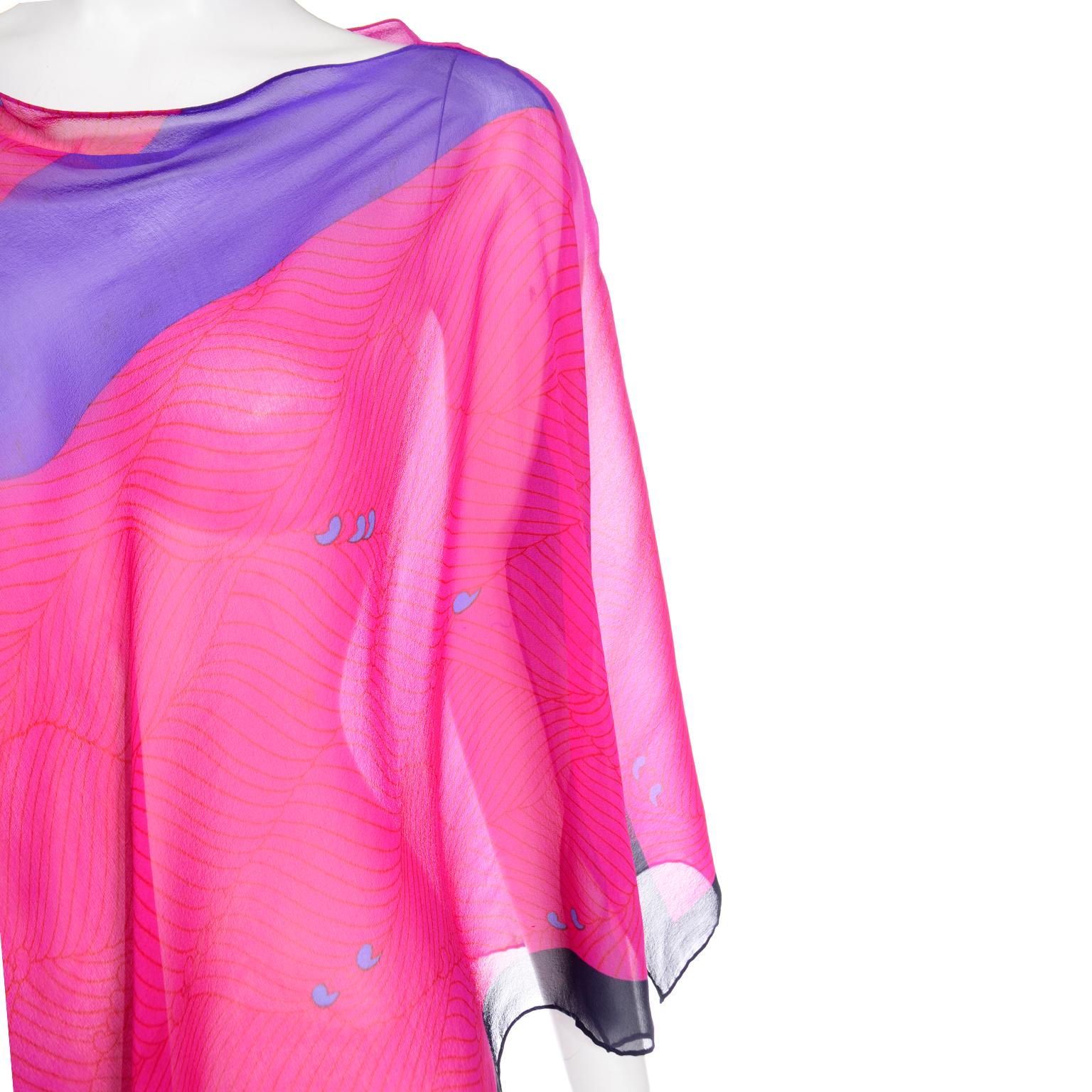Hanae Mori Vintage Pink & Purple Silk Signed Print Poncho Style Top 3