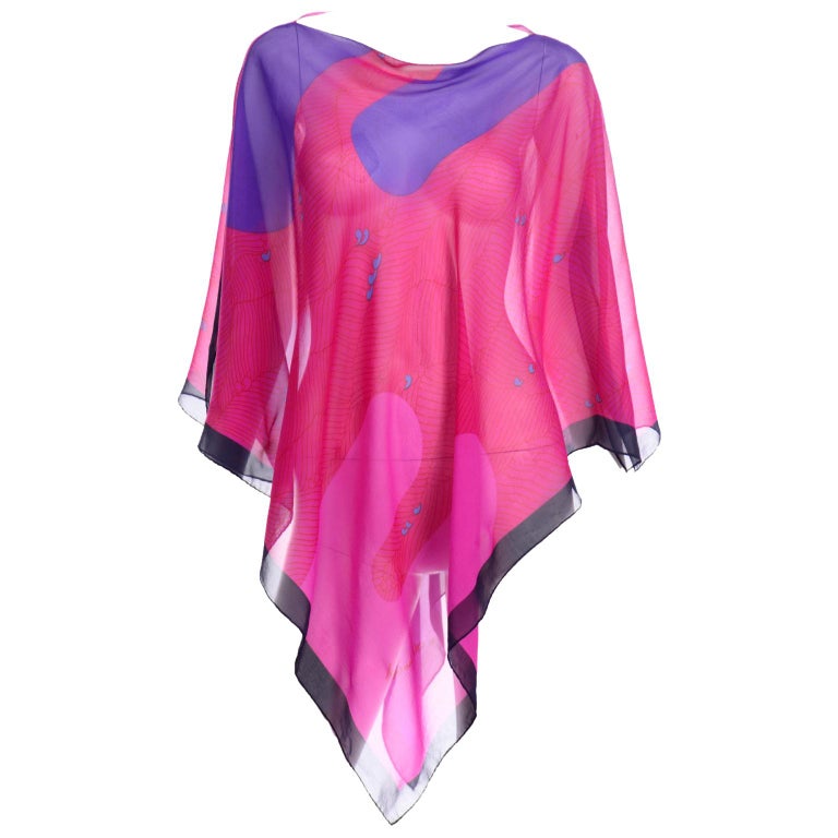 Hanae Mori Vintage Pink & Purple Silk Signed Print Poncho Style Top For Sale
