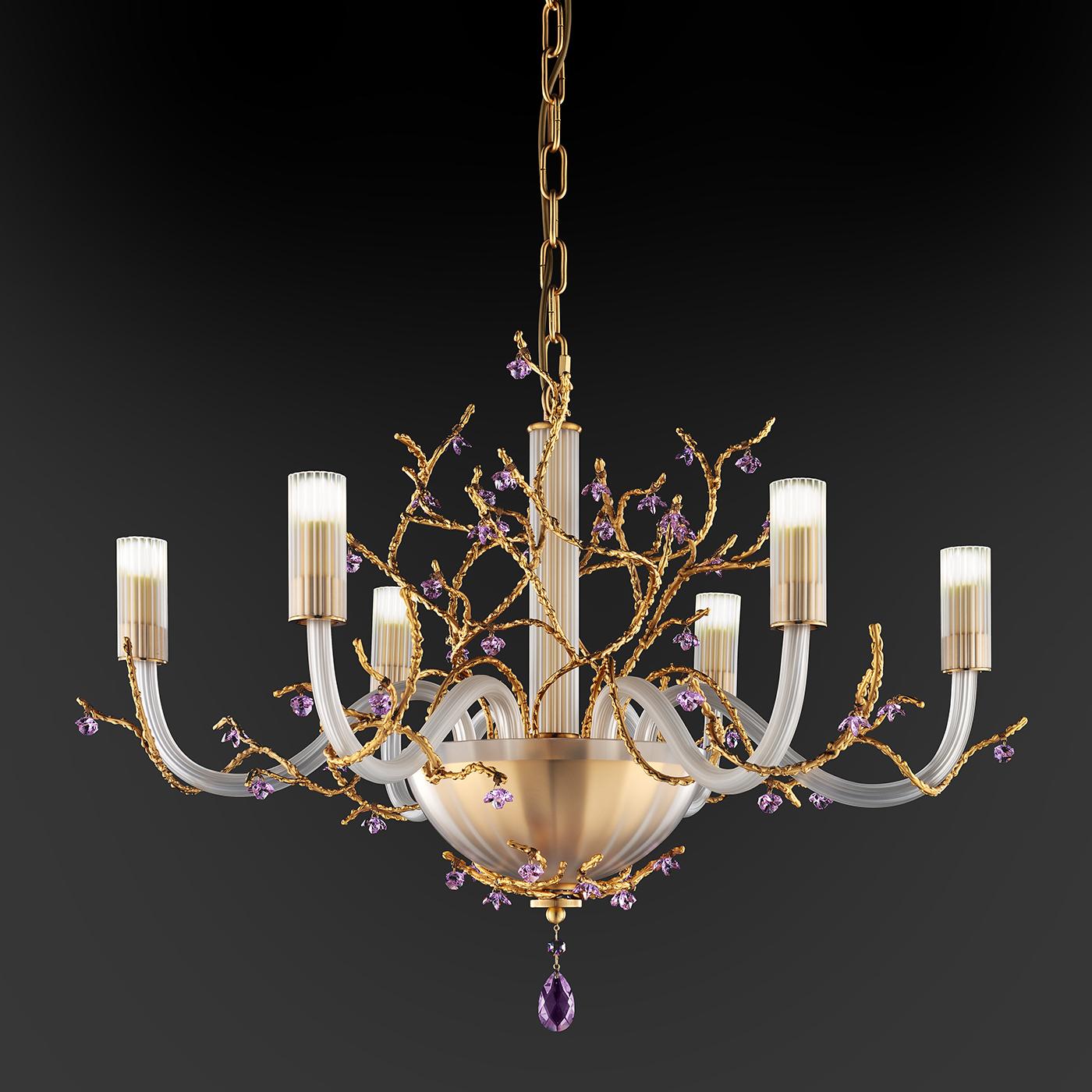 Hanami, meaning cherry blossom viewing, is the Japanese tradition of enjoying the charm and splendour of cherry trees blooming in spring. This chandelier is finished in satin gold, Ral brown Senegal, metallic lillac. Available colors, Rosaline