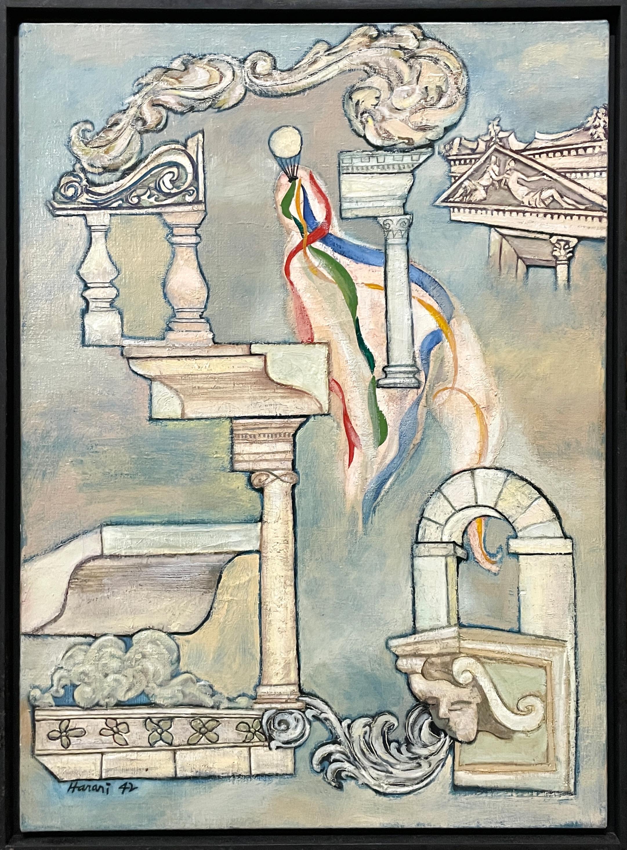 Ein lebhaftes, skurriles Gemälde der surrealistischen Moderne, "Classics Aloft", von der bekannten New Yorker Avantgarde-Künstlerin Hannah Harari (Am. 1912-2000).  Öl auf Leinwand, datiert 1942.  Größe des Kunstwerks:  22 x 16 Zoll (Gerahmt: 23 x 17