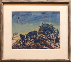 Refugees, World War II, Modernist Judaica Gouache Painting Jewish WPA Artist