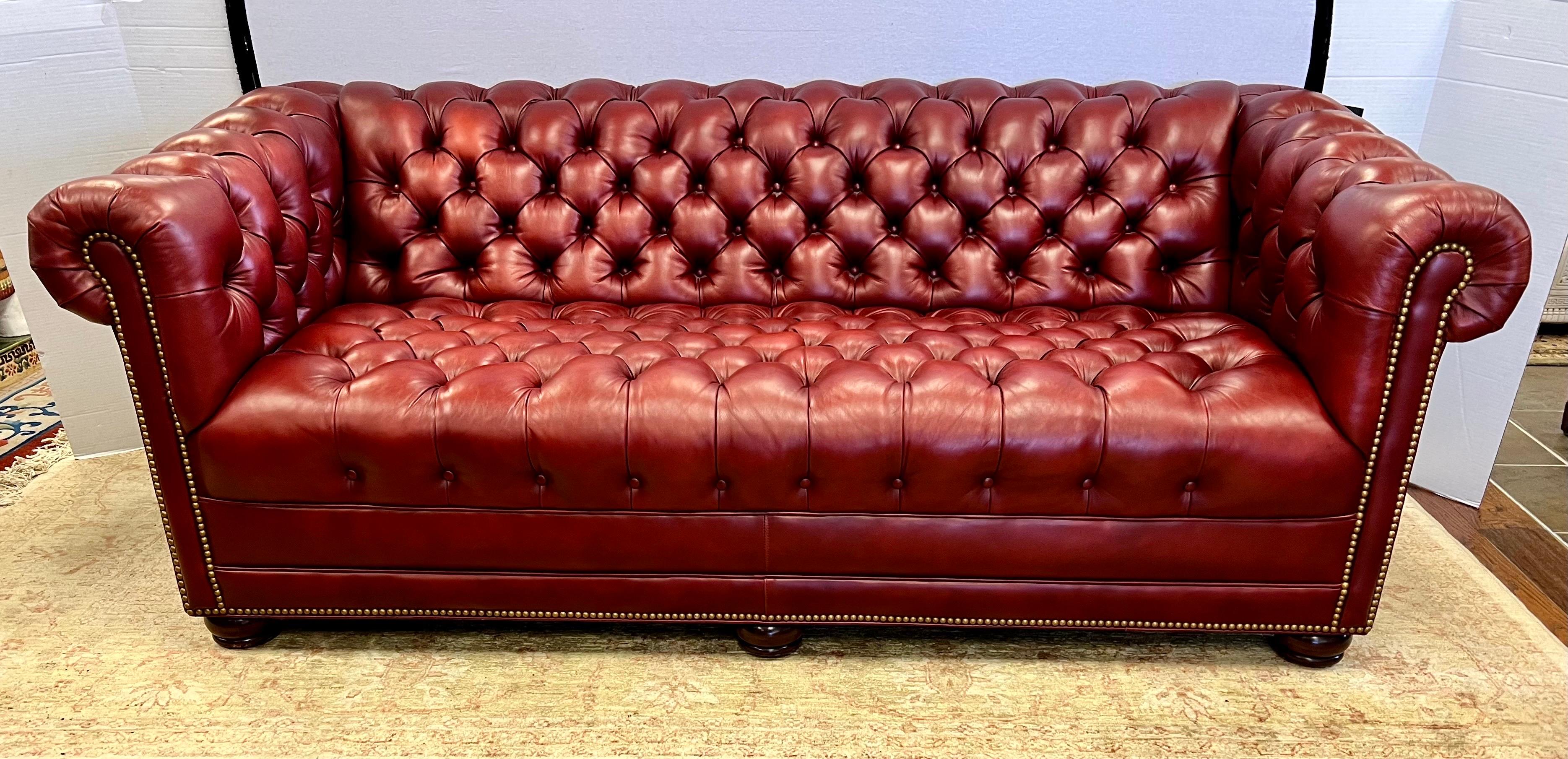 Federal Hancock and Moore Burgundy Tufted Leather Nailhead Chesterfield Sofa Perfect