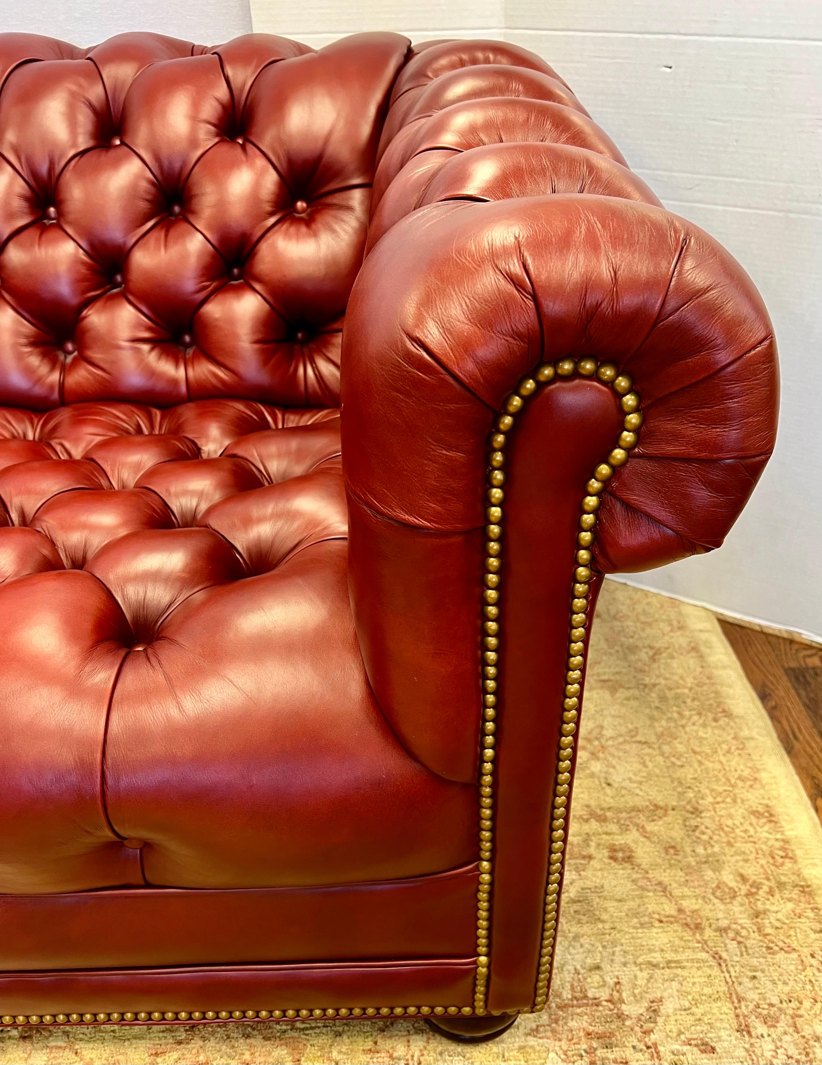 Contemporary Hancock and Moore Burgundy Tufted Leather Nailhead Chesterfield Sofa Perfect