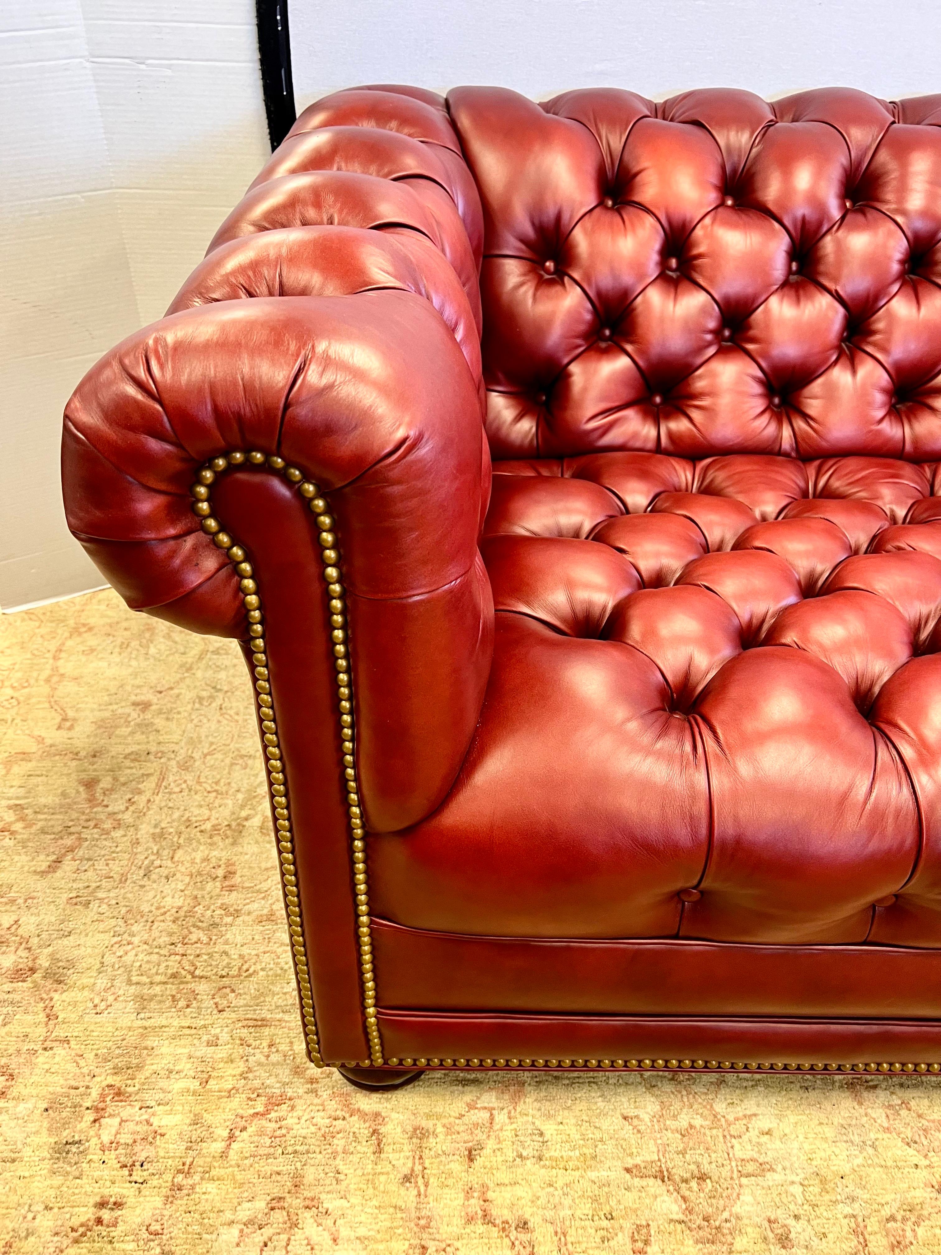 Brass Hancock and Moore Burgundy Tufted Leather Nailhead Chesterfield Sofa Perfect