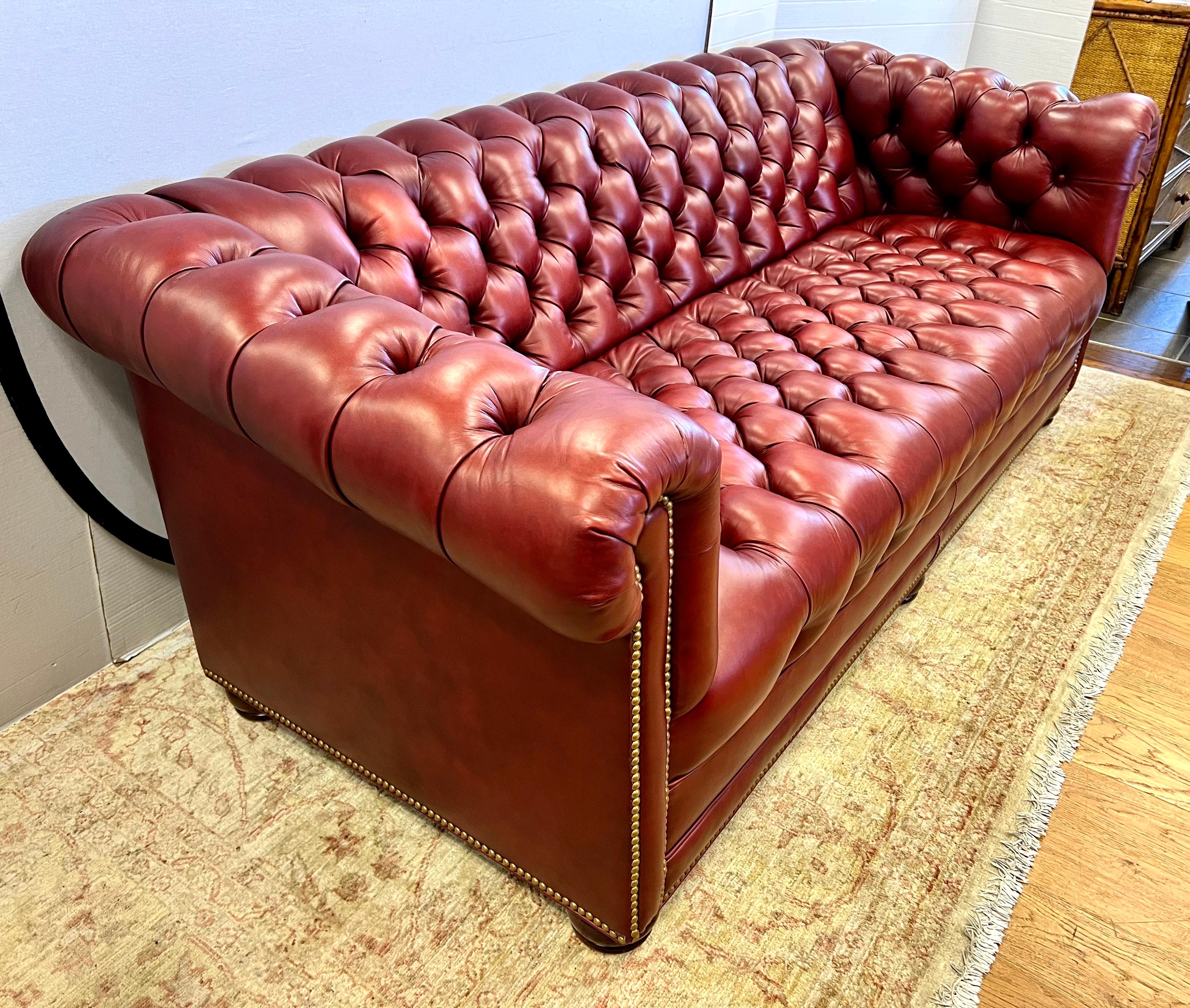 Hancock and Moore Burgundy Tufted Leather Nailhead Chesterfield Sofa Perfect 1