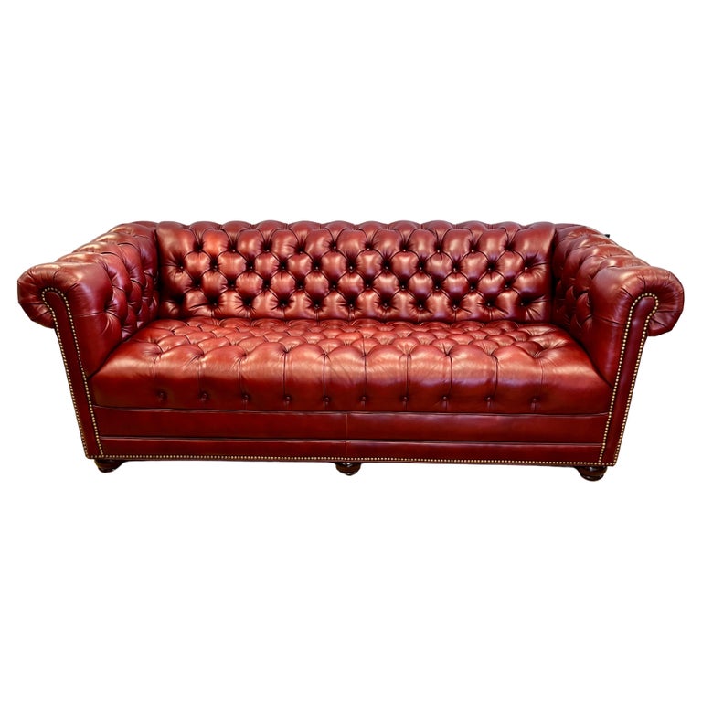 Hancock and Moore Burgundy Tufted Leather Nailhead Chesterfield Sofa