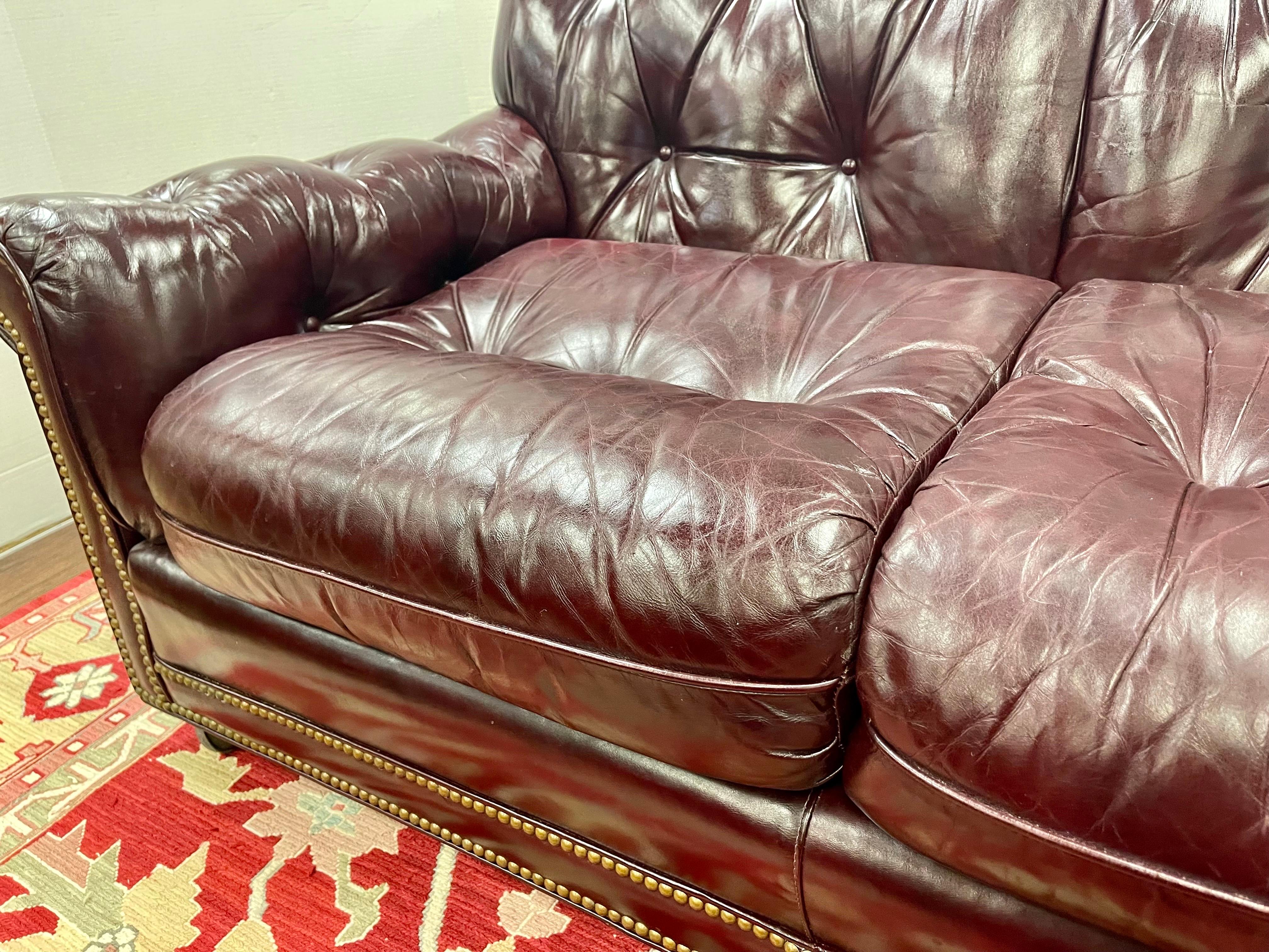 Hancock and Moore Vintage Cranberry Leather and Nailhead Three Seater Sofa 4