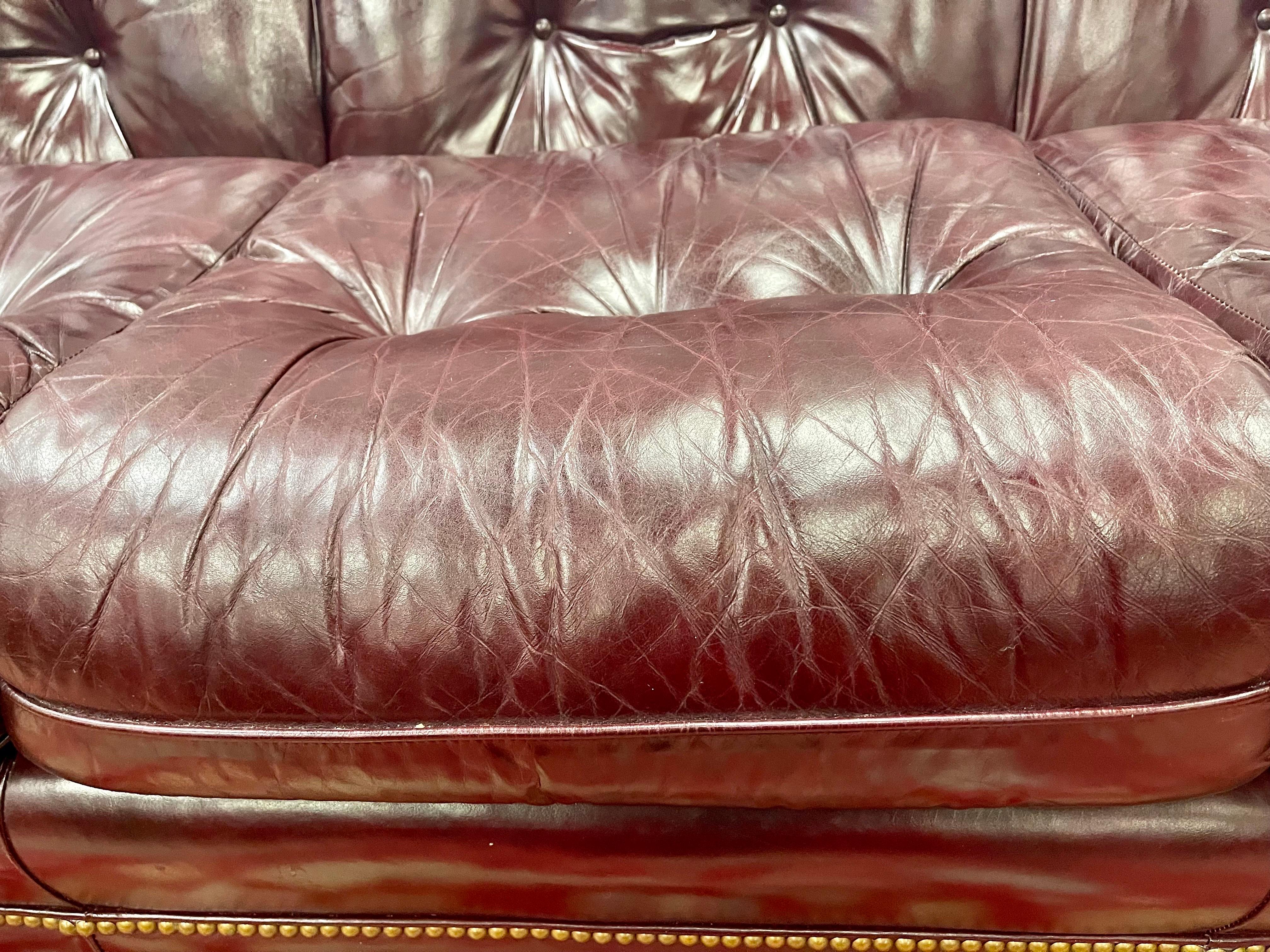 Hancock and Moore Vintage Cranberry Leather and Nailhead Three Seater Sofa 5