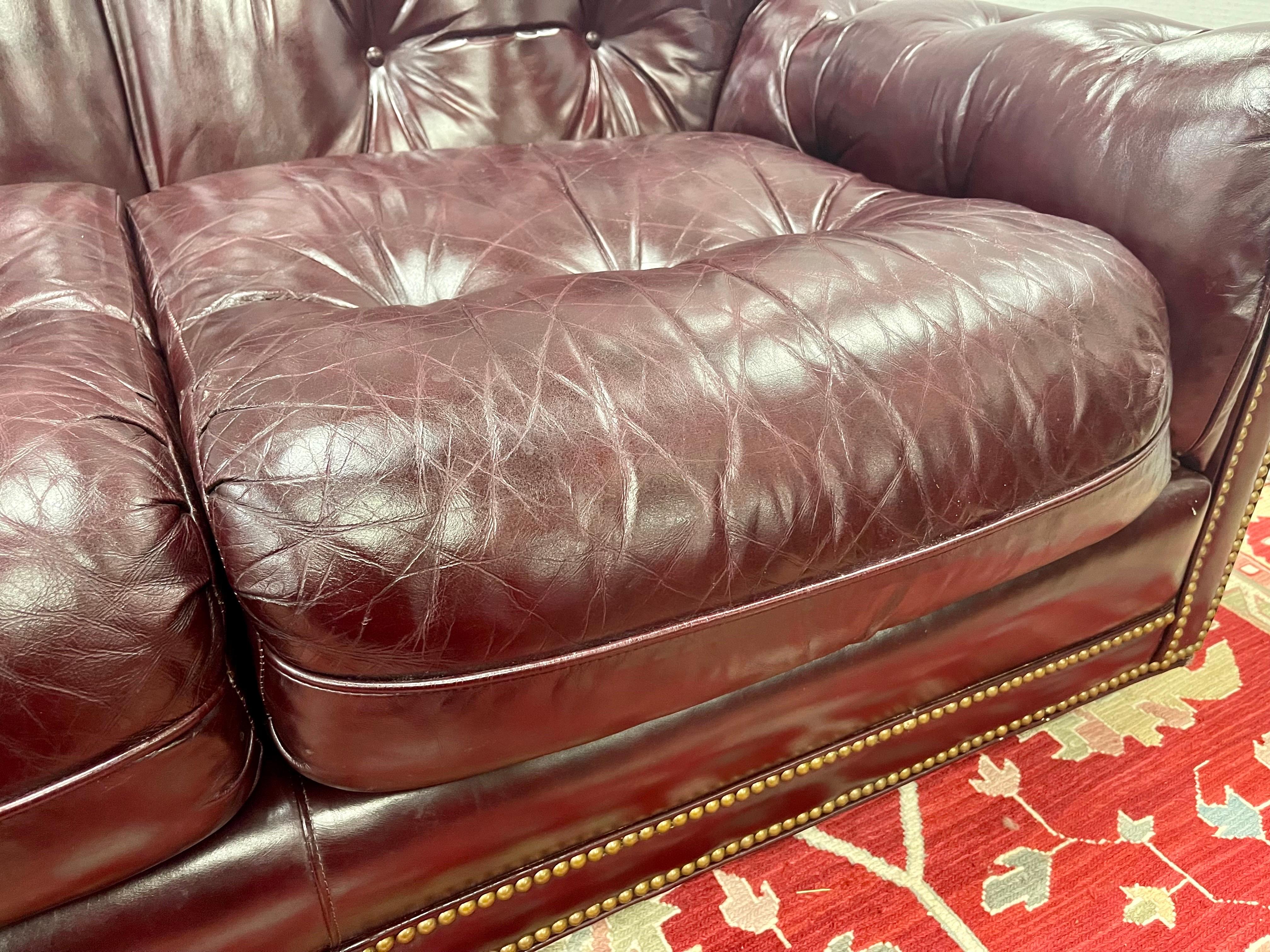 Hancock and Moore Vintage Cranberry Leather and Nailhead Three Seater Sofa 6
