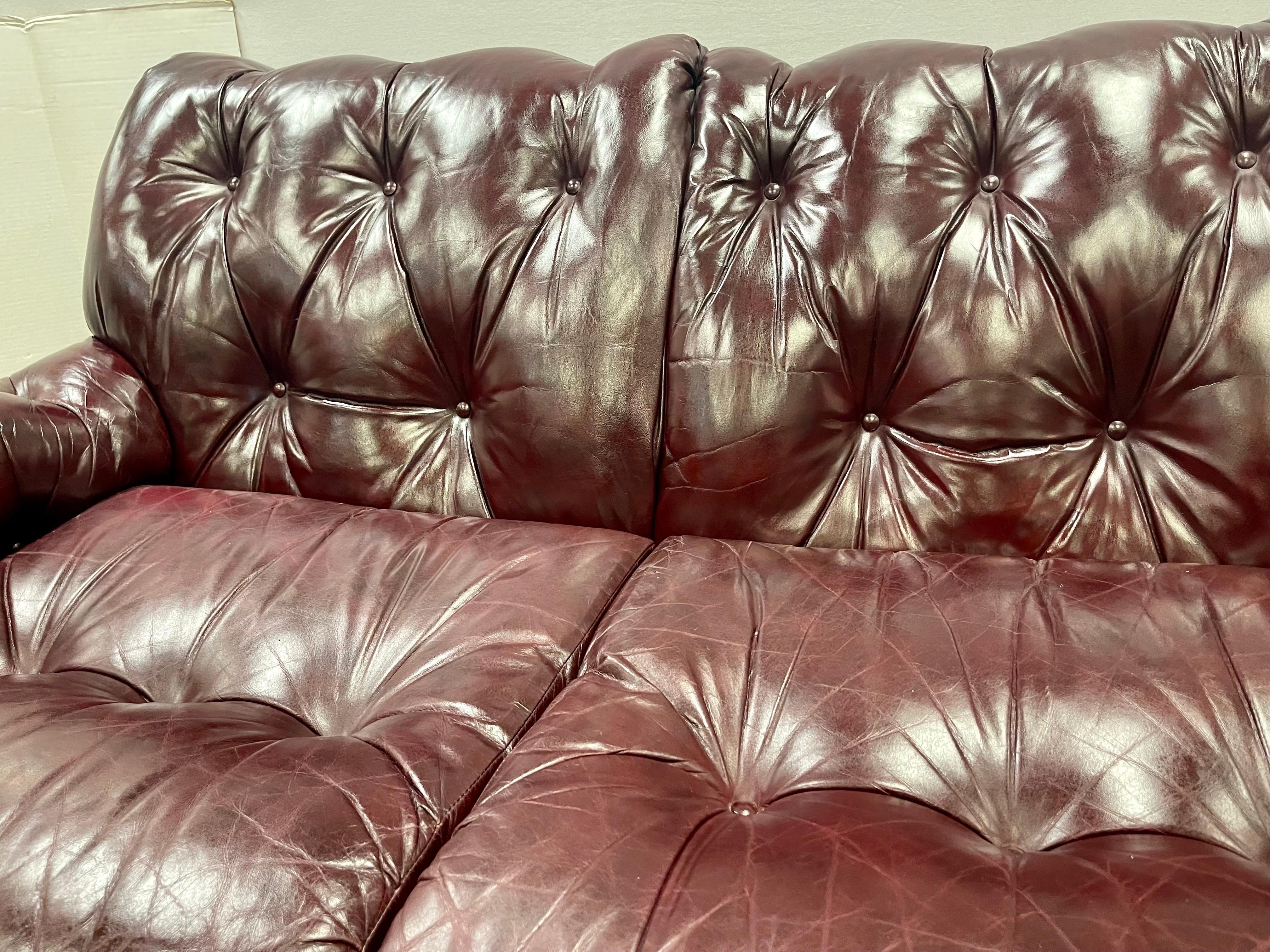 Hancock and Moore Vintage Cranberry Leather and Nailhead Three Seater Sofa 7
