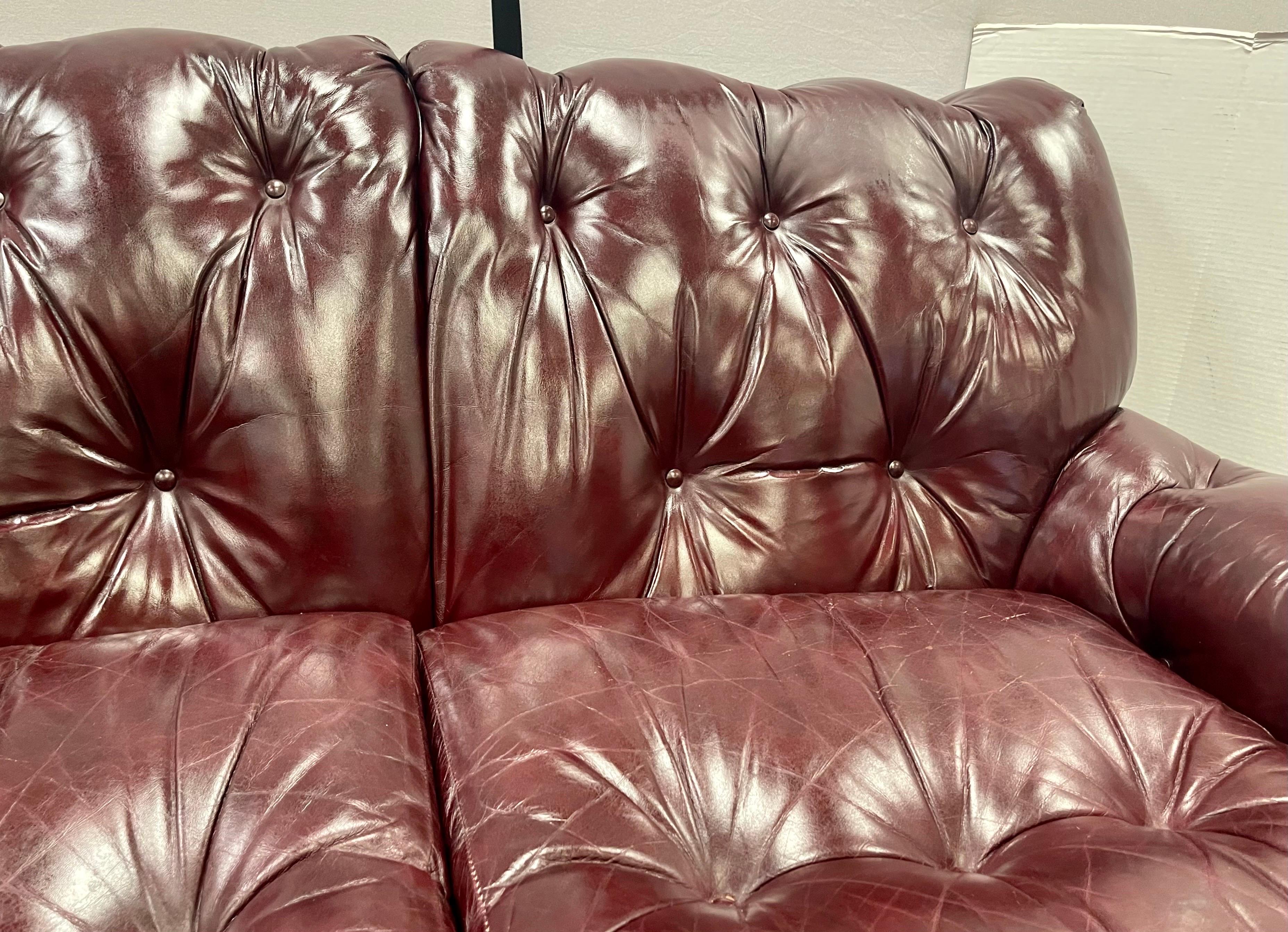 Hancock and Moore Vintage Cranberry Leather and Nailhead Three Seater Sofa 8