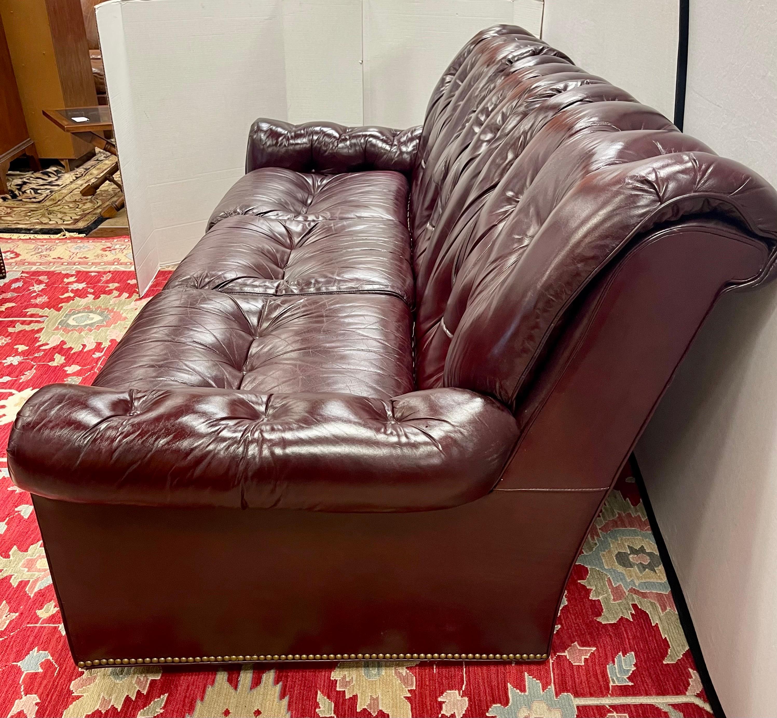 Hancock and Moore Vintage Cranberry Leather and Nailhead Three Seater Sofa 9