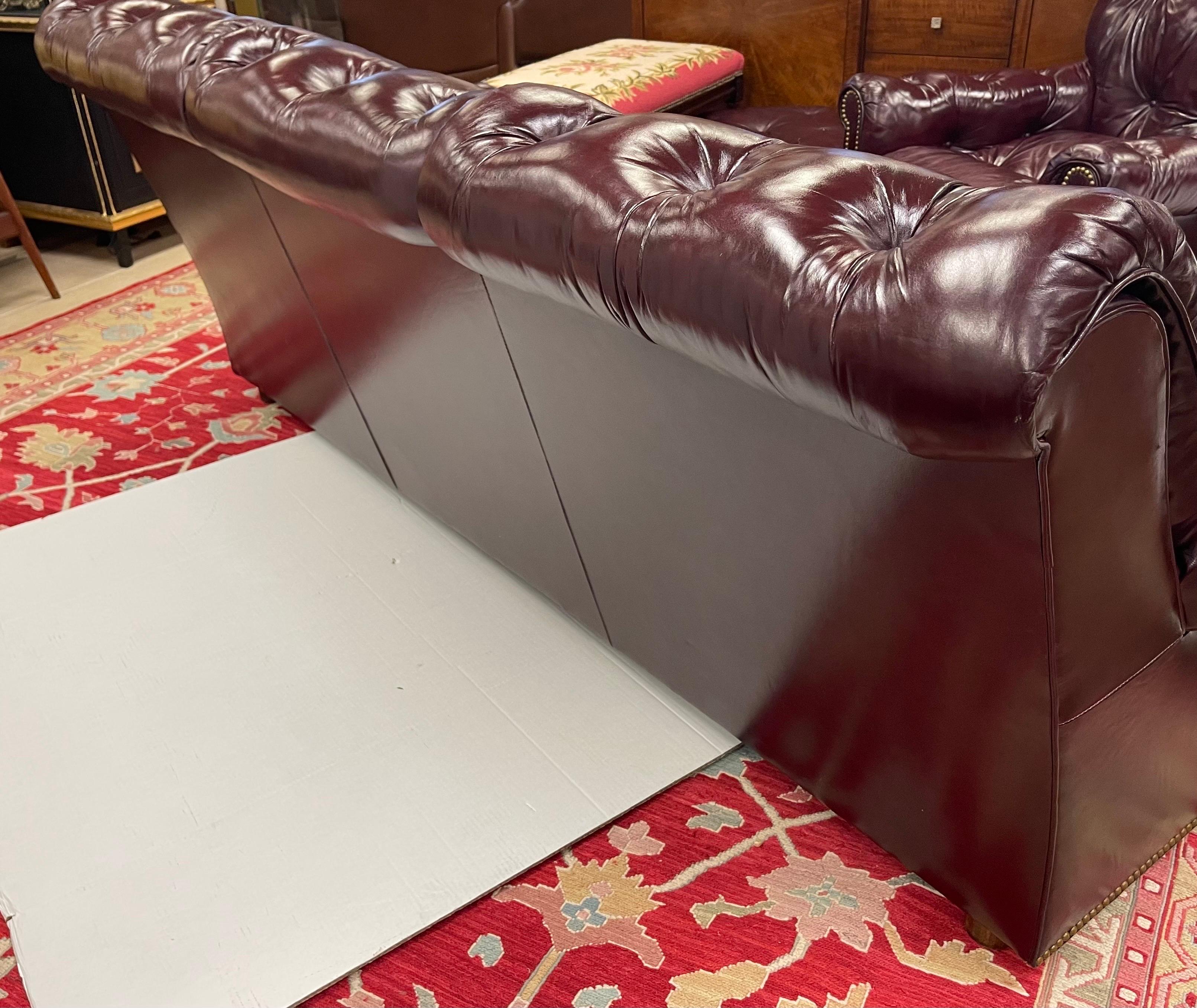 Hancock and Moore Vintage Cranberry Leather and Nailhead Three Seater Sofa 10
